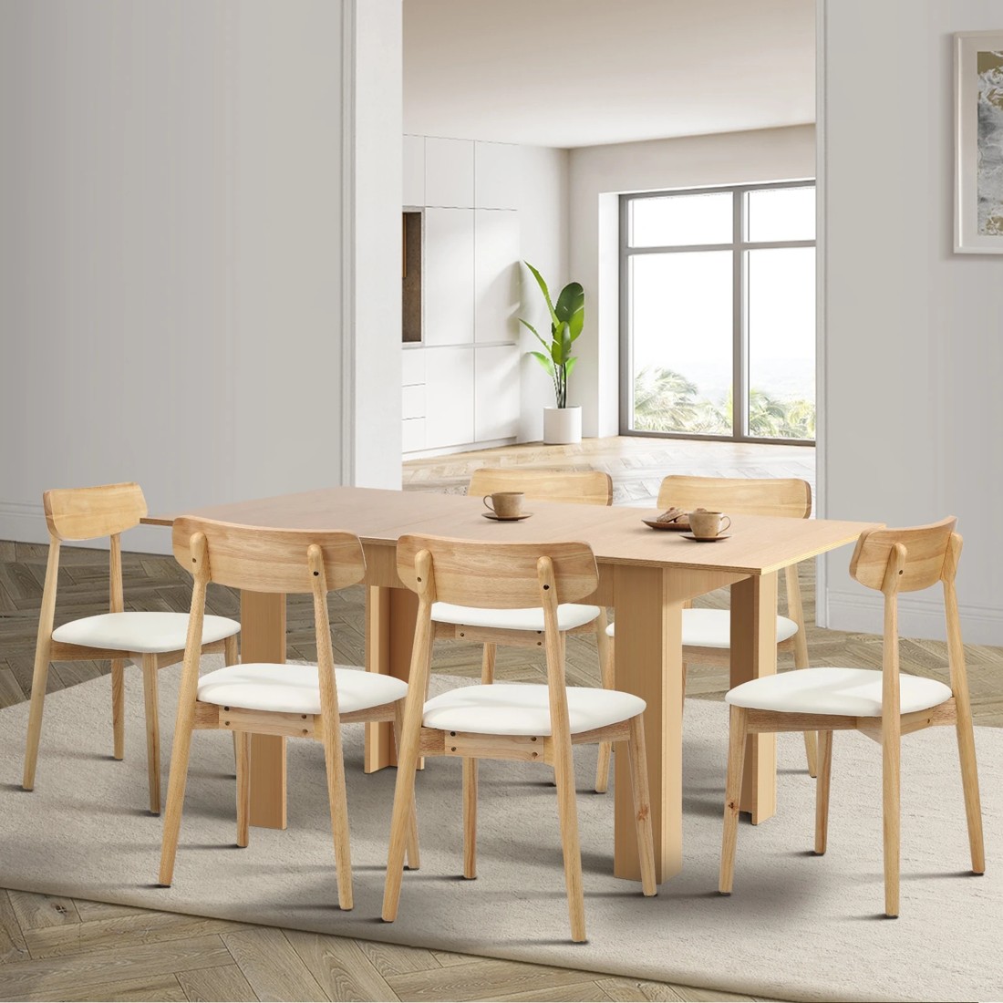 3 Oikiture 160cm Extendable Dining Table with 6x Dining Chairs PU Leather - Natural, 3 of 9