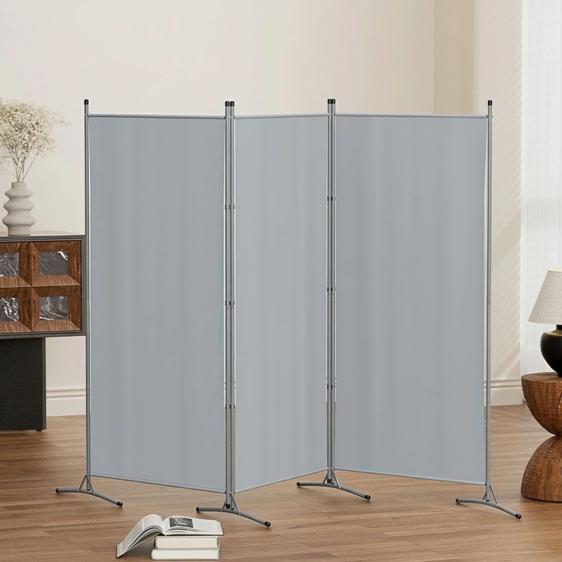 6 Artiss 3 Panel Room Divider Set of 2 Folding Privacy Screen Fabric Room Separator Partition - Grey, 6 of 7