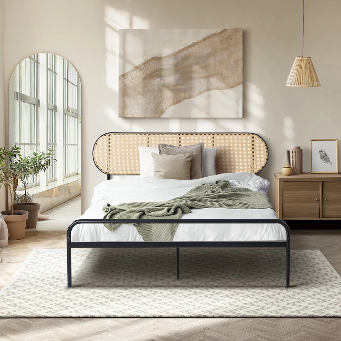 3 Oikiture Bed Frame King Single Metal Base Platform With Rattan Headboard
 - Black, 3 of 9