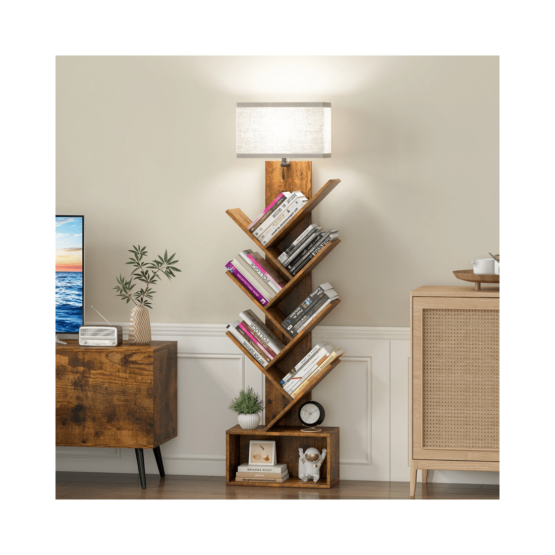 3 Advwin 6 Tier Tree Bookshelf w/ 3-Color Adjustable Light & Storage Cabinet Walnut, 3 of 10