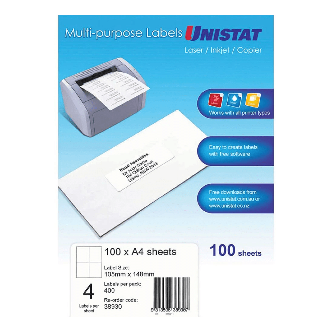 1 Unistat 4UP Inkjet Laser Labels 100 Sheets, 1 of 1