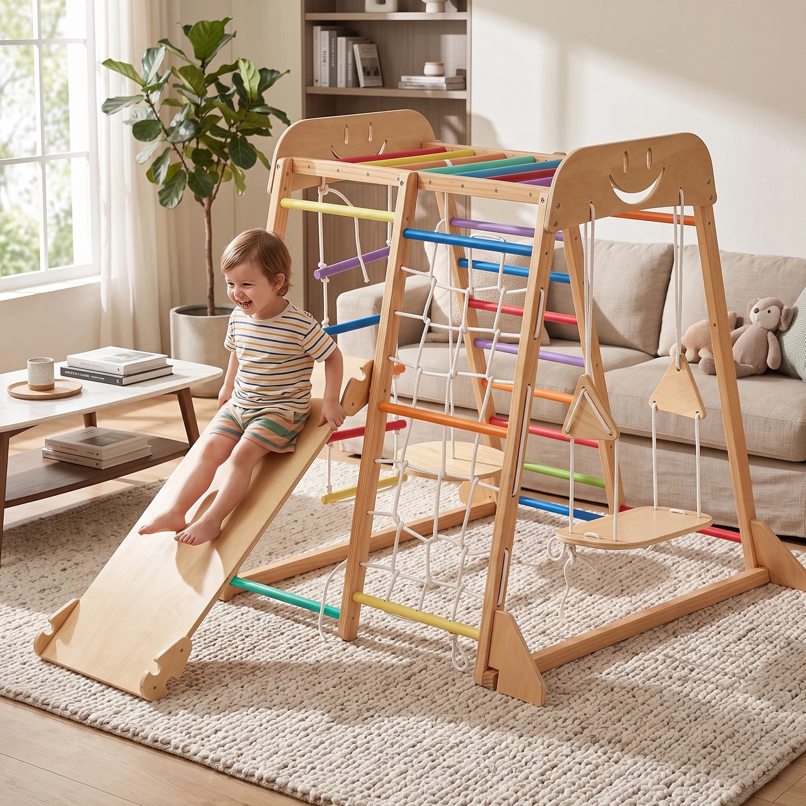 7 Advwin  Kids Climbing Frame with Slide and Swing Montessori Wooden Climbing Set with Monkey Bars and Rope Ladder - Multi, 7 of 9