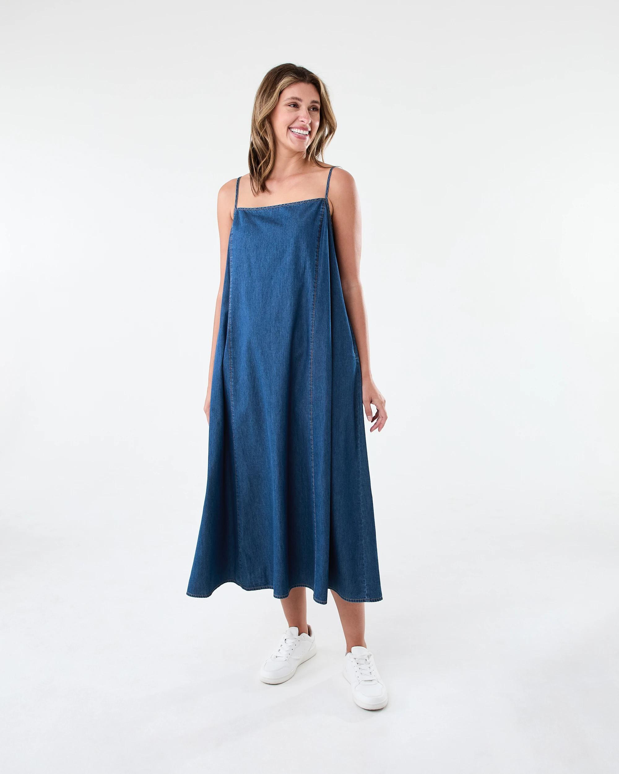 1 Sleeveless Chambray A-Line Maxi Dress Dark Wash, 1 of 6