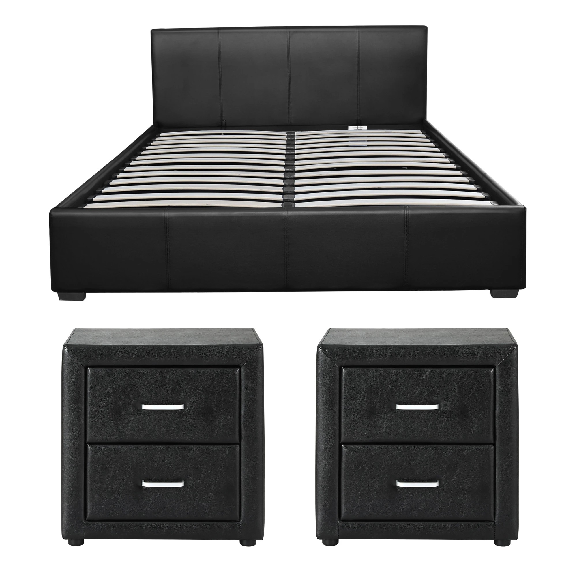 3 Artiss Gas Lift Queen Bed Frame and 2 Bedside Table Set Leather - Black, 3 of 9