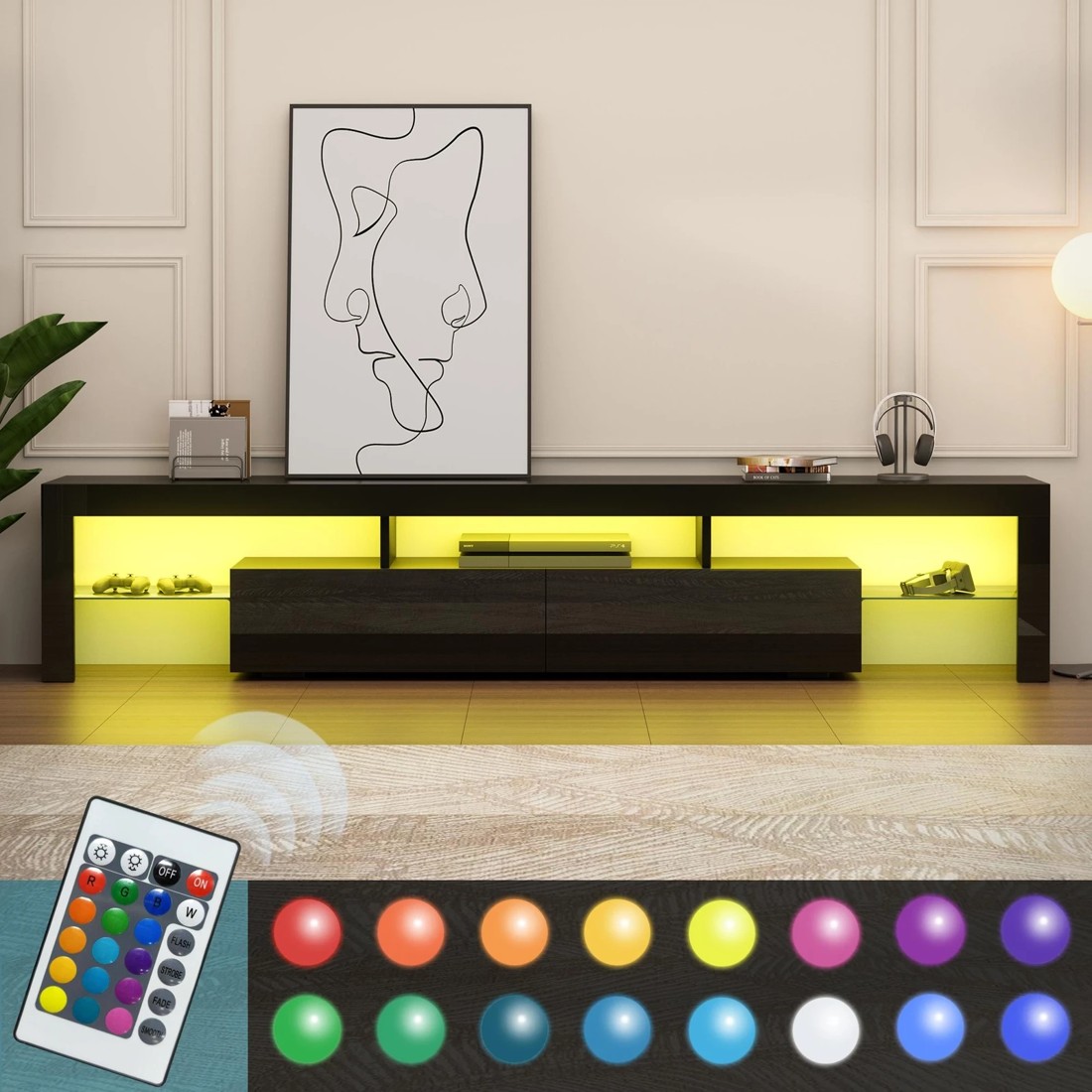 6 Alfordson Entertainment Unit 200cm TV Stand LED Light Storage Gloss - Black, 6 of 10