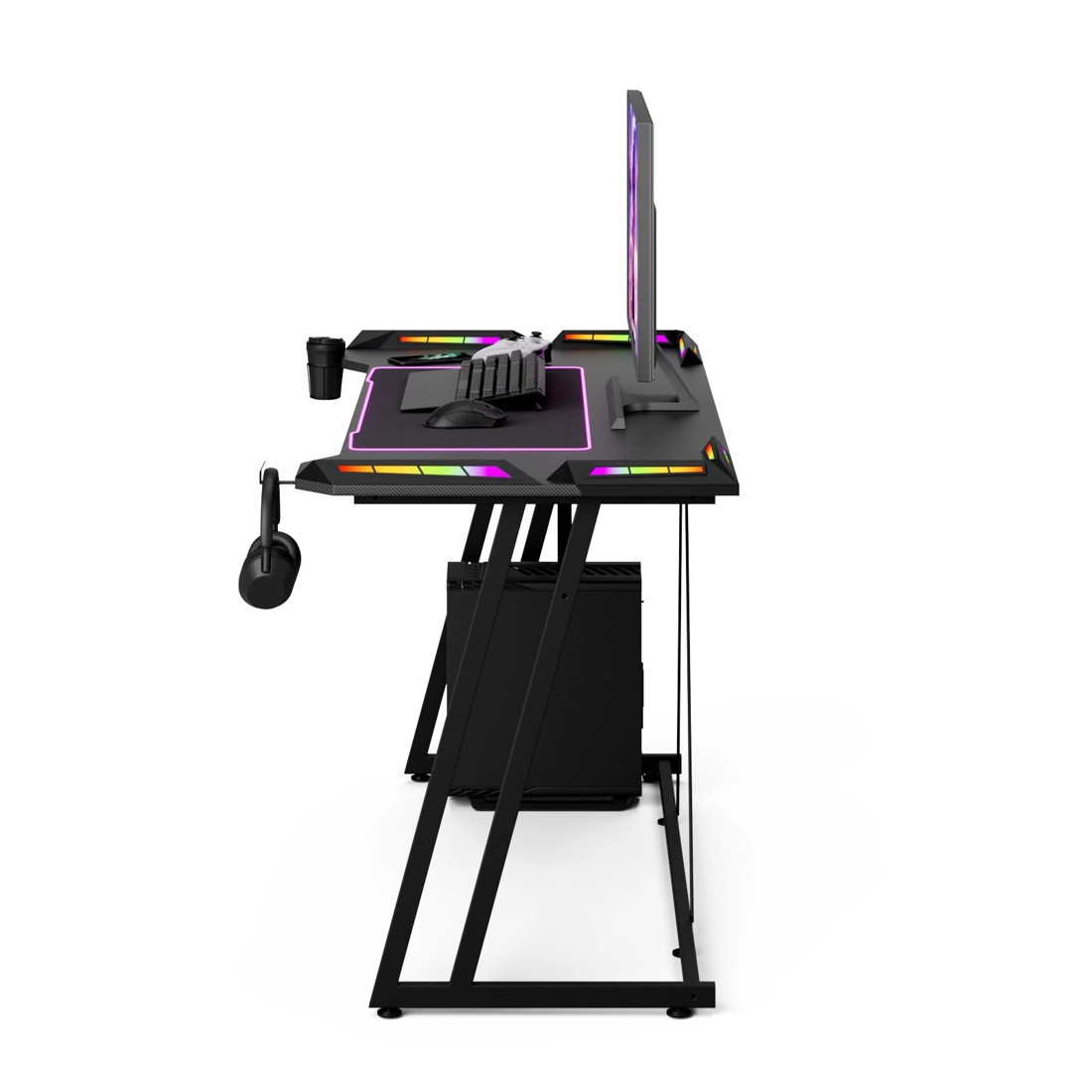 8 140cm LED RGB Gaming Desk Carbon Fiber Surface Computer Desk with Cup Holder Headphone Hook, 8 of 10