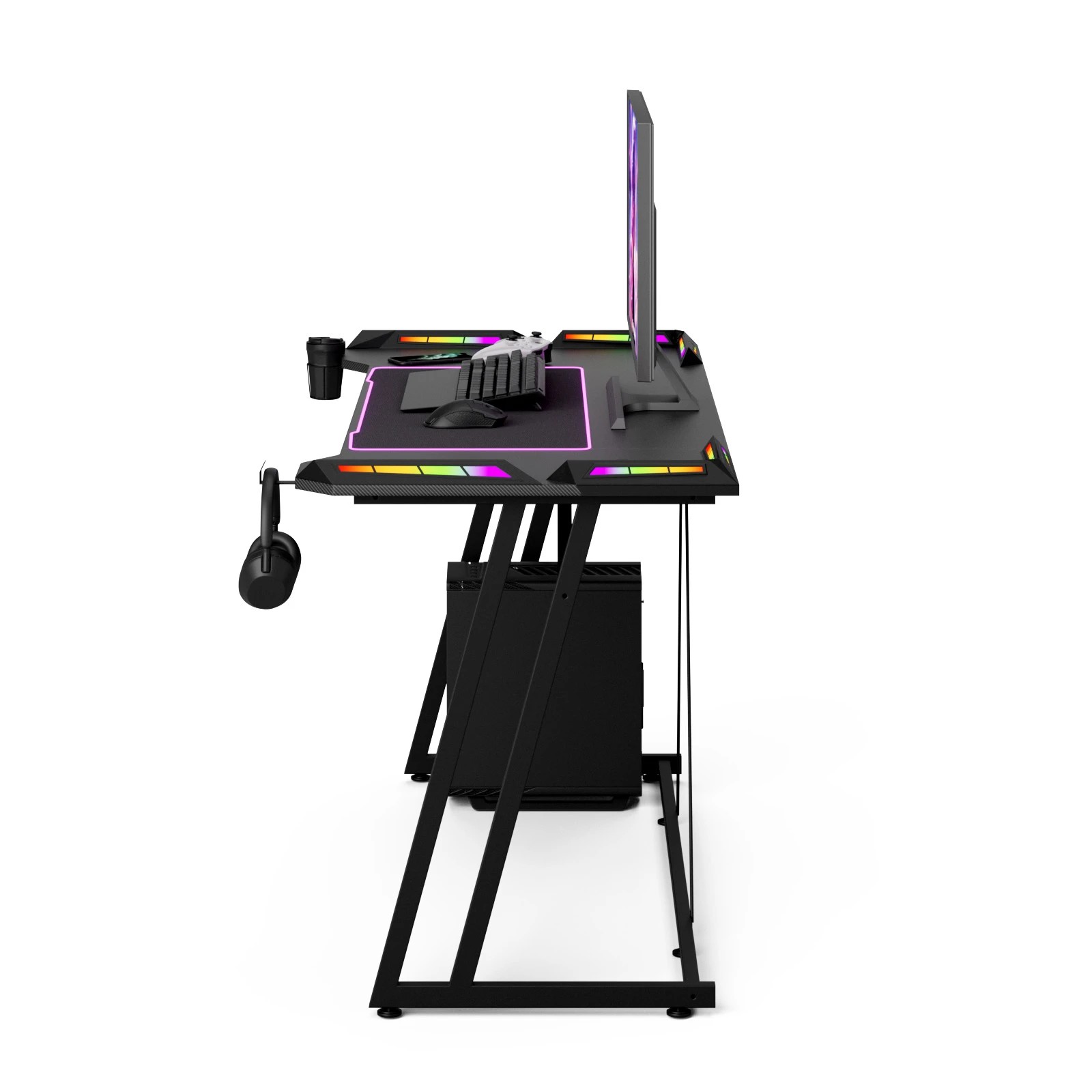 8 Advwin 140cm LED RGB Gaming Desk Carbon Fiber Surface Computer Desk with Cup Holder Headphone Hook, 8 of 10