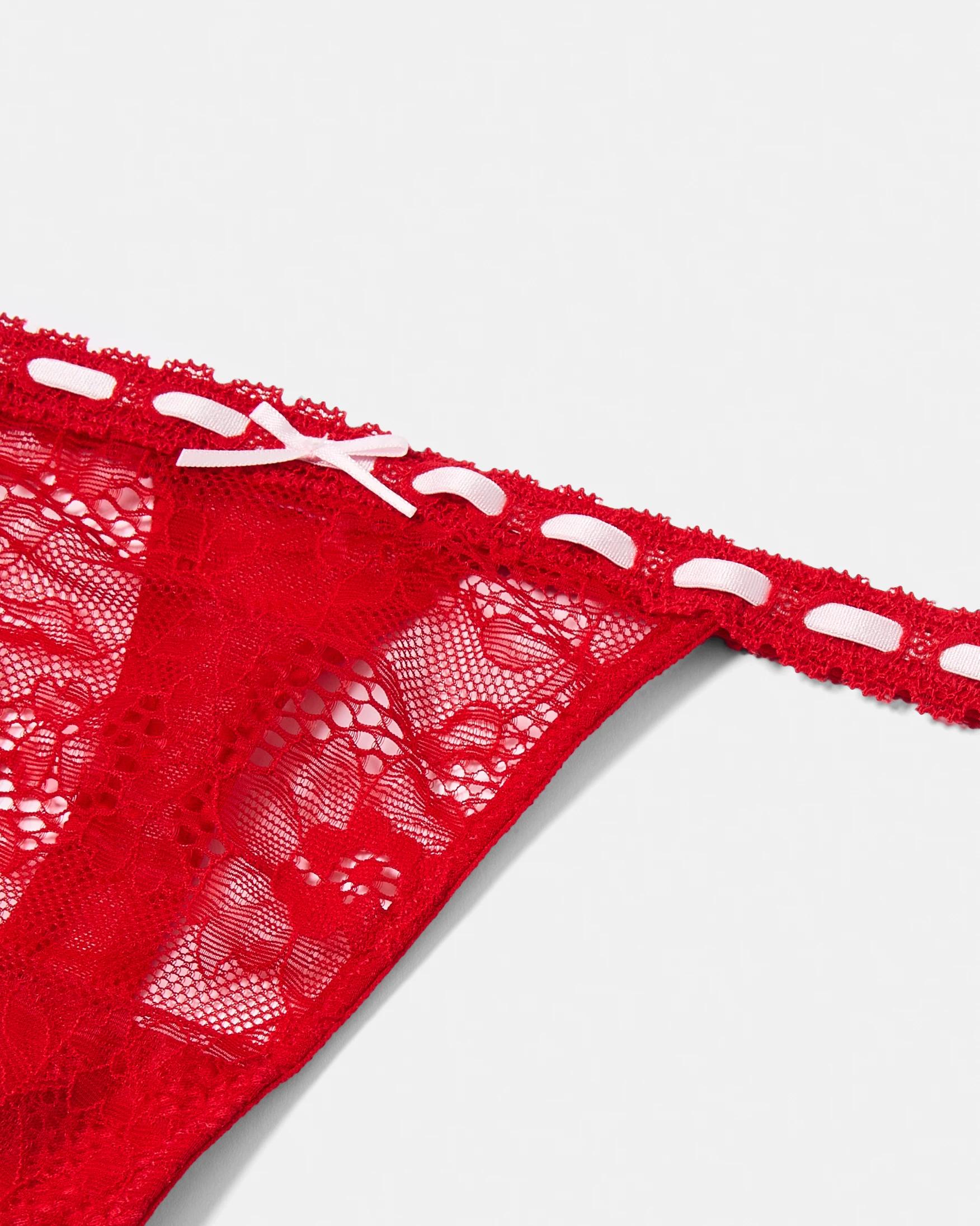 4 Co-ordinated Ribbon Trim G-String Briefs Strawberry, 4 of 7
