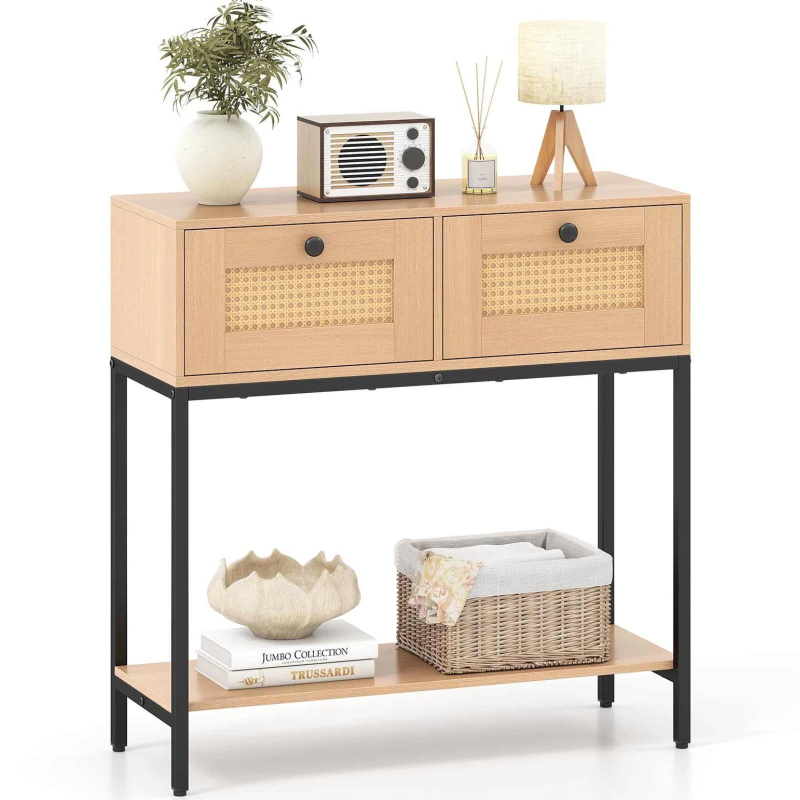 6 Costway 80cm 2-Tier Boho Console Table Wooden Hallway Sofa Table w/2-Drawer, 6 of 6
