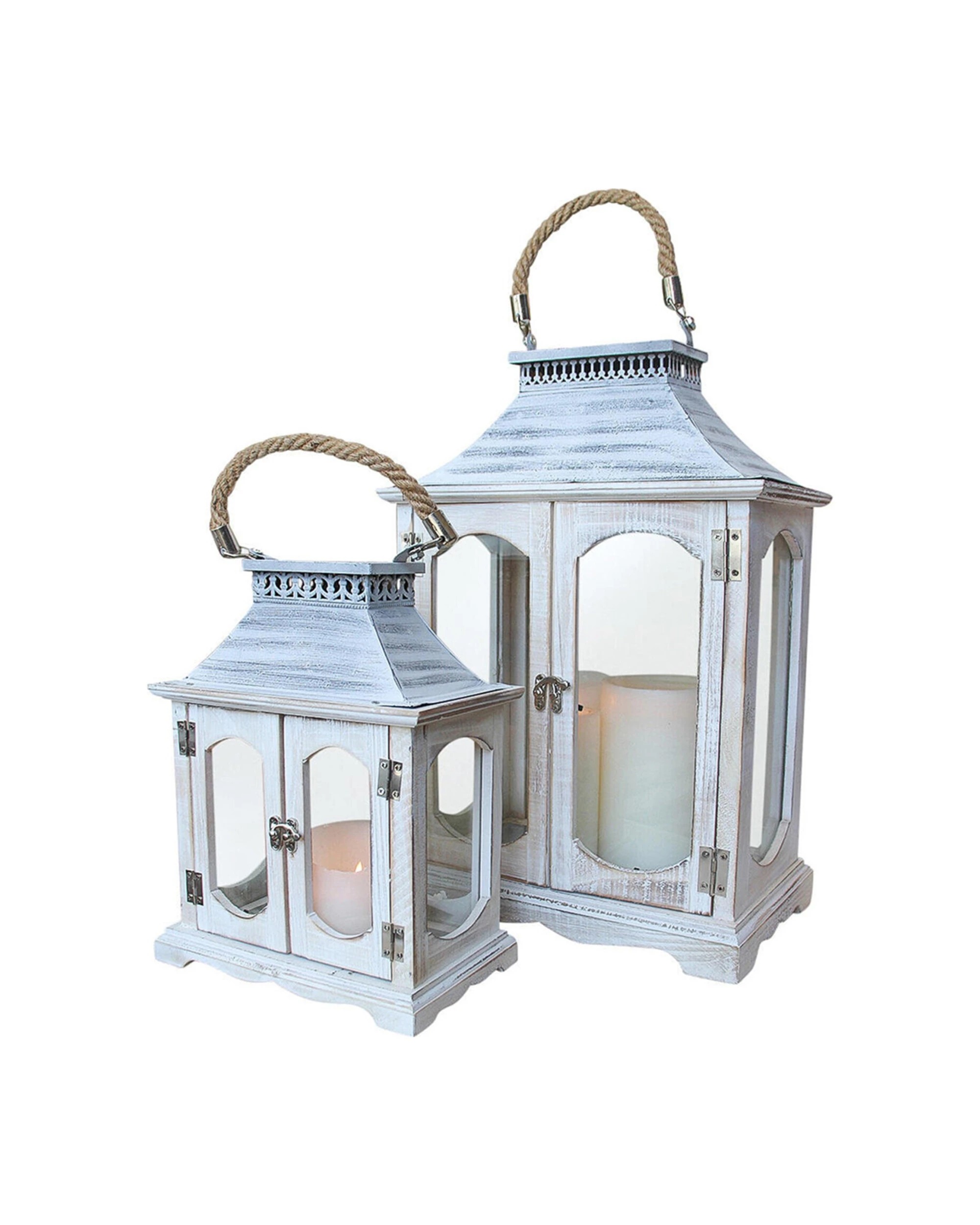 1 2pc LVD Lantern Glass/Wood/Metal Candle Holder Whitewash - Blue, 1 of 2