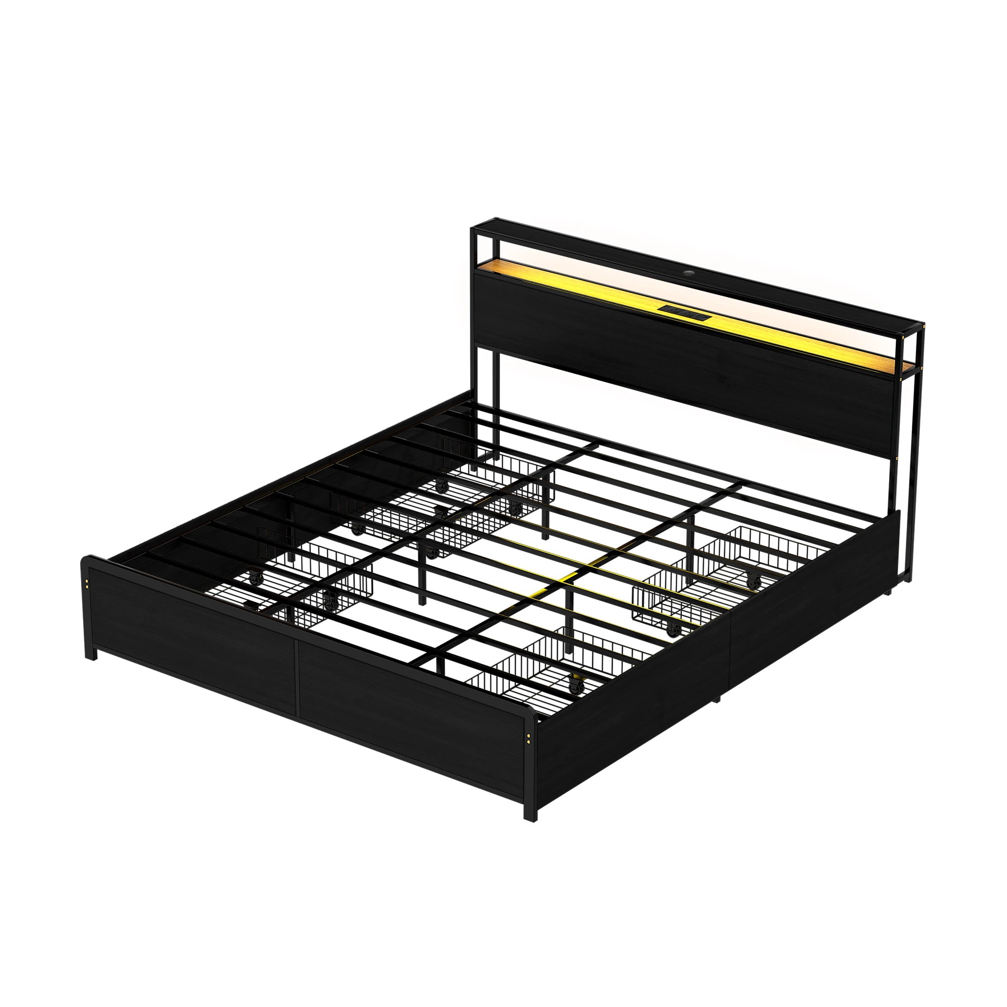 1 Artiss Metal Bed Frame King Size Storage Headboard Charge Station LED 4 Drawers - Black, 1 of 8