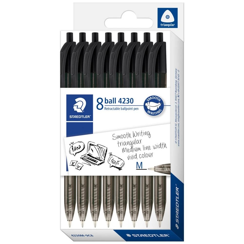 1 Staedtler 4230 Retractable Ballpoint Pens Med Black 8 Pack, 1 of 5