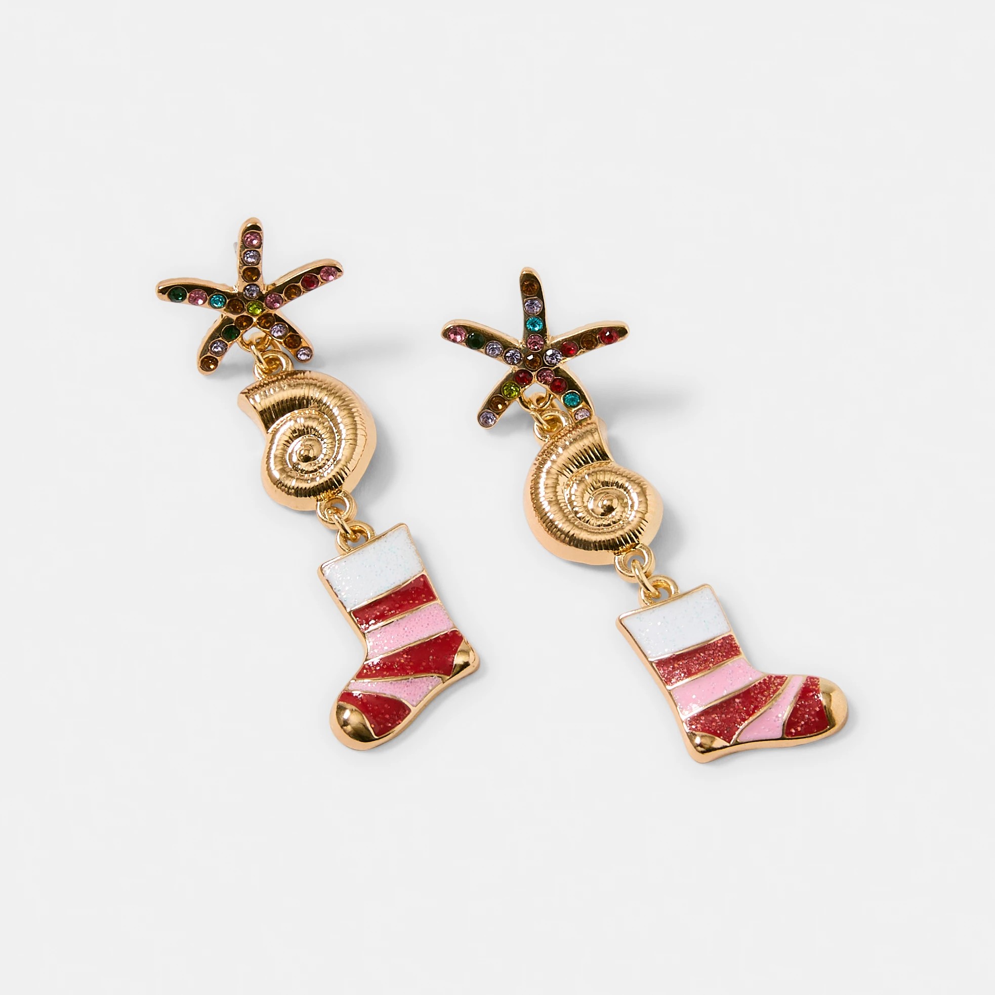 2 Christmas Shells Stocking Earrings - Gold Tone, Red, White and Pink, 2 of 5