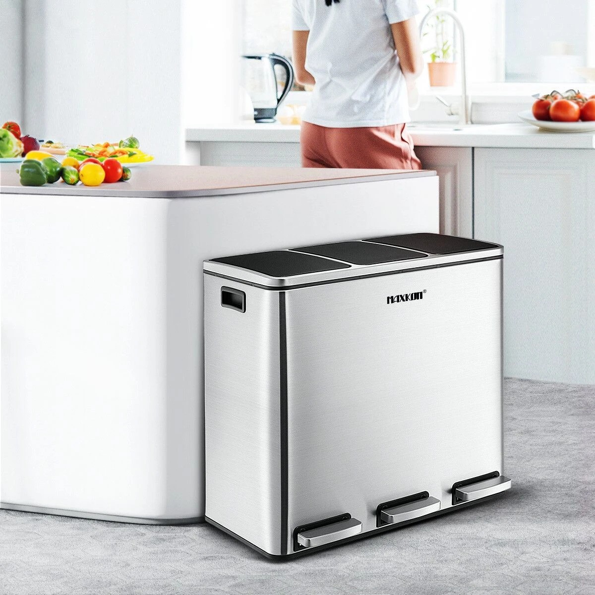 2 Maxkon 54L Rubbish Bin Pedal Recycling Trash Can Kitchen Waste Garbage Household Stepbin with Three Compartments Silver, 2 of 10