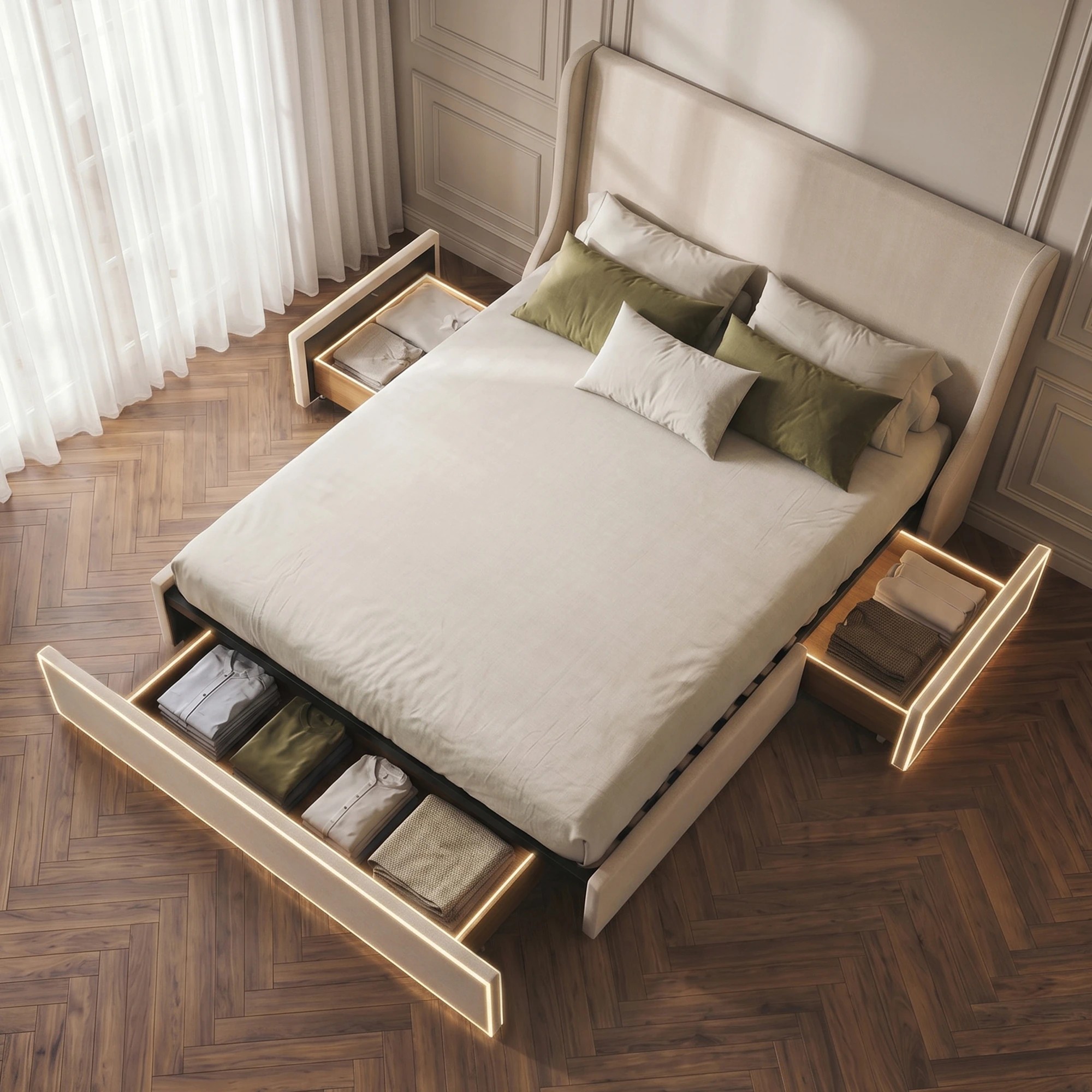 5 Artiss King Upholstered Bed Frame with 3 Storage Drawers Wingback Headboard - Beige, 5 of 9