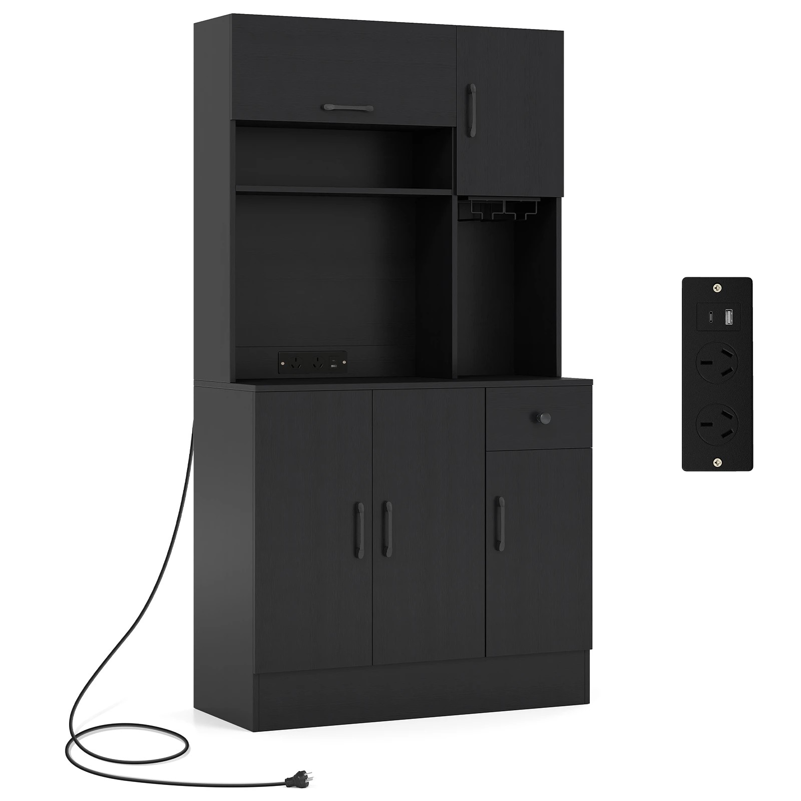 1 Costway 167cm Pantry Cupboard Buffet Sideboard w/Power Outlet - Black, 1 of 4