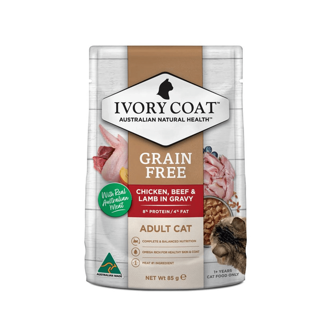 1 Ivory Coat Adult Grain Free Wet Cat Food Chicken Beef & Lamb 12 x 85g, 1 of 7