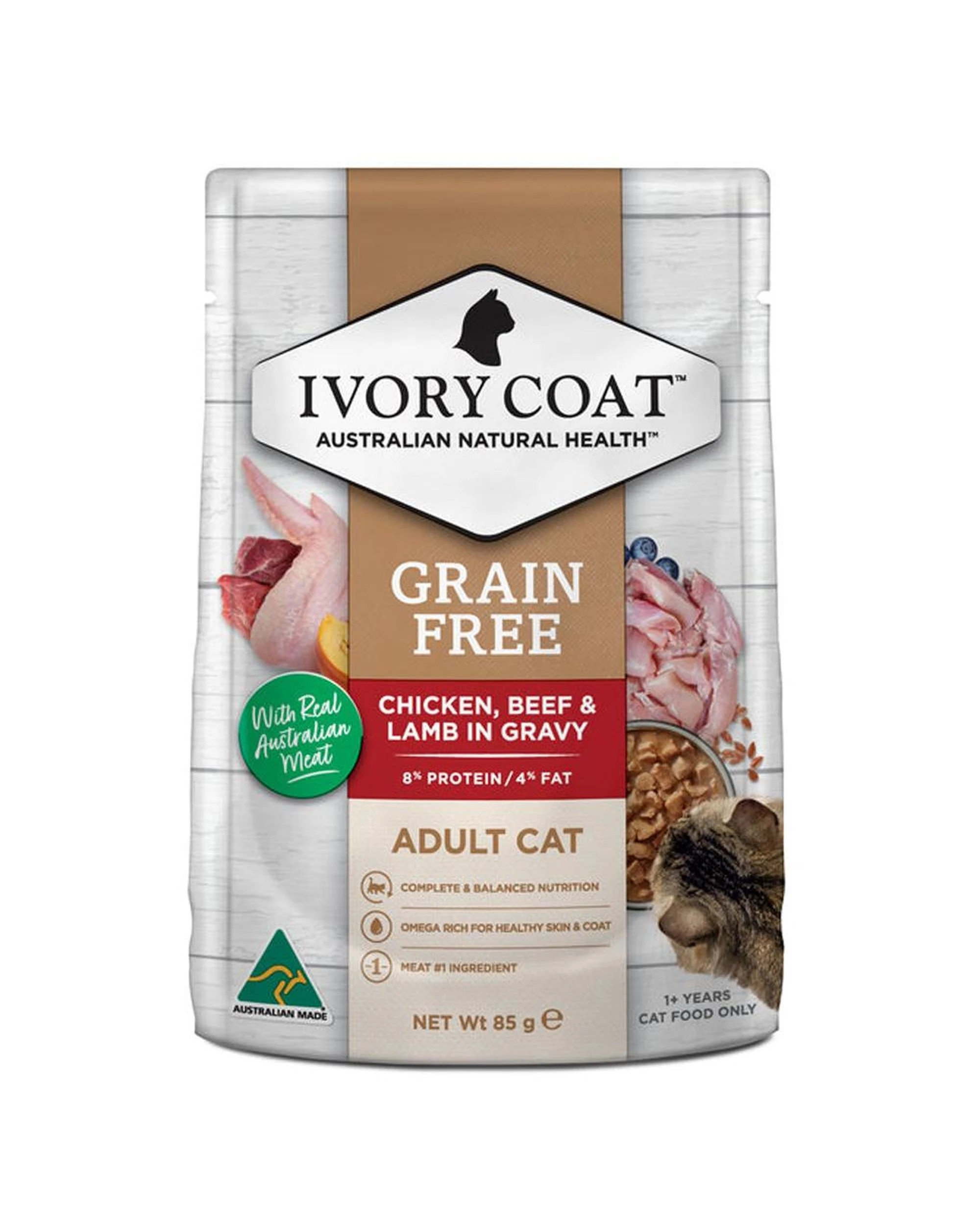 1 Ivory Coat Adult Grain Free Wet Cat Food Chicken Beef & Lamb 12 x 85g, 1 of 7