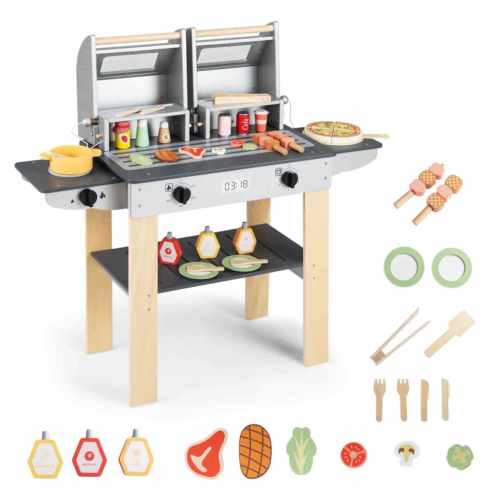1 Costway Wood Barbecue Grill Playset Pretend BBQ Play Set, 1 of 1
