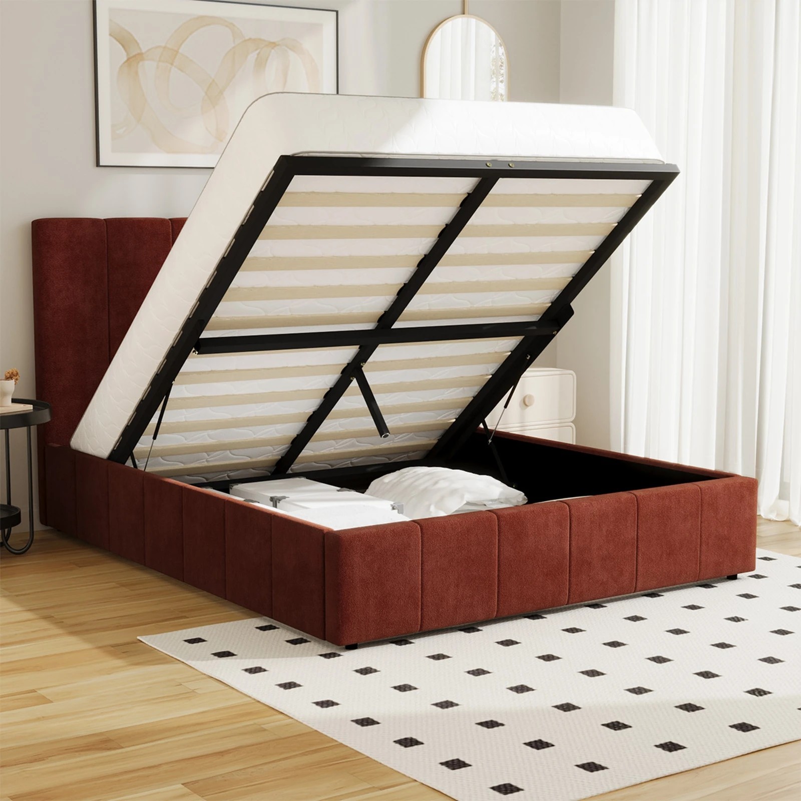 5 Oikiture Bed Frame Double Size Beds Gas Lift Mattress Base Fluted Headboard - Brown, 5 of 9