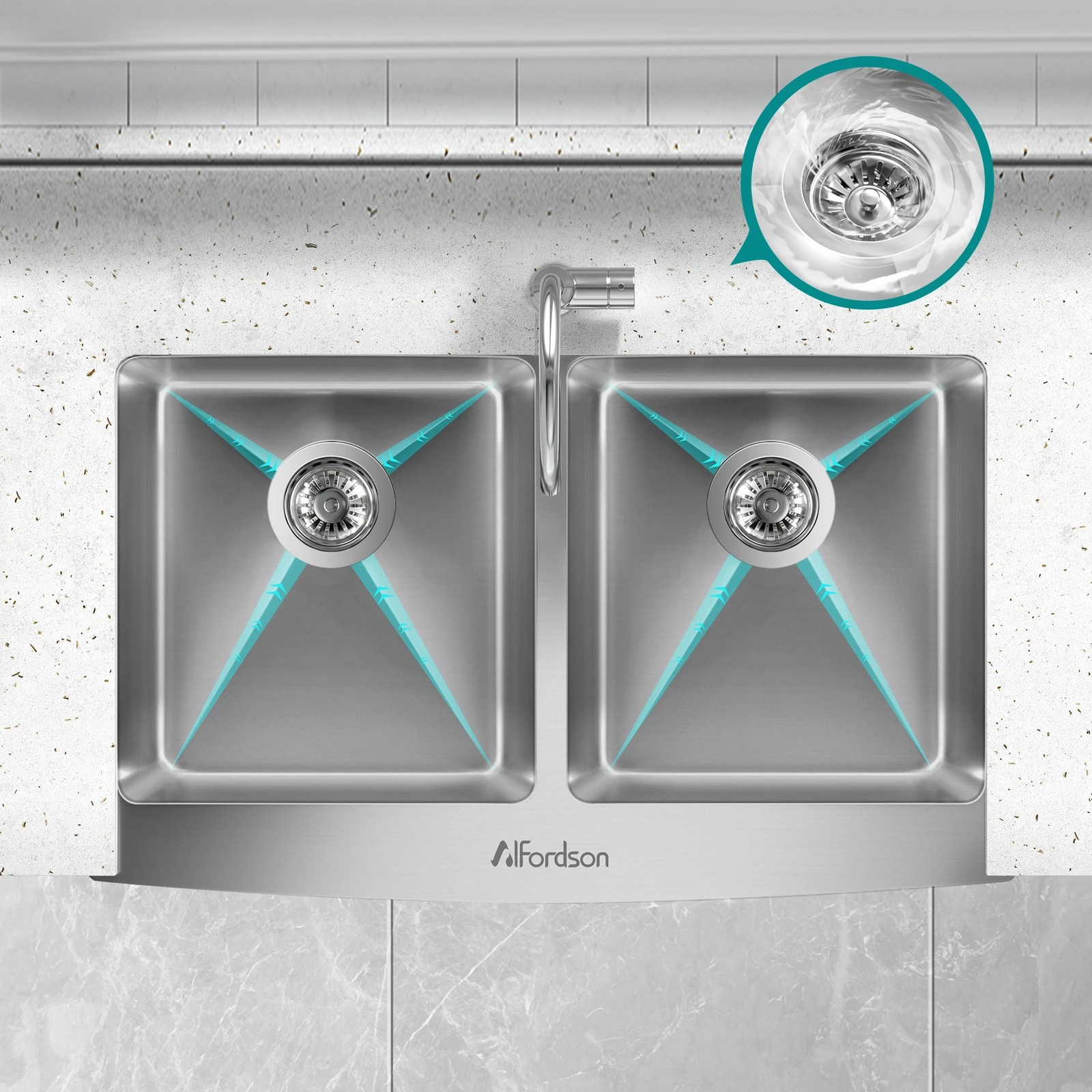 3 Alfordson Farmhouse Kitchen Sink 81x50cm Stainless Steel Basin Double Bowl - Silver, 3 of 9