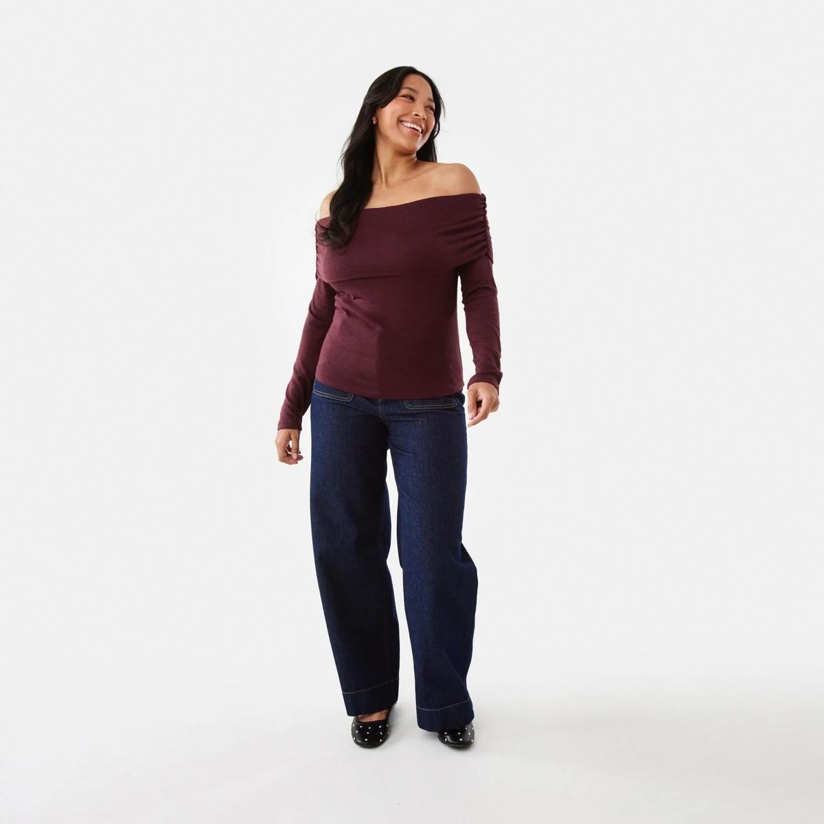 2 Long Sleeve Off Shoulder Top Burgundy, 2 of 7