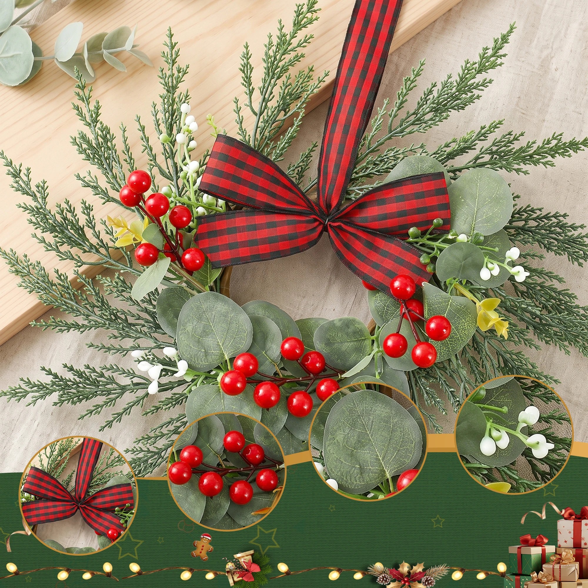 4 Jingle Jollys 6x Christmas Wreath Garland 26cm Wreaths Berries Bow - Green, 4 of 9