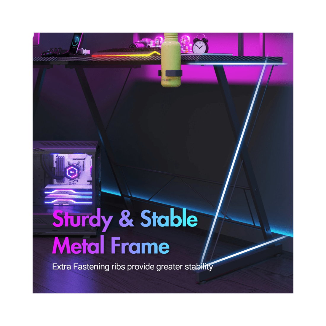 7 Advwin 126cm L Shaped Gaming Desk With Led Lights & Power Outlets Computer Desk Black, 7 of 10