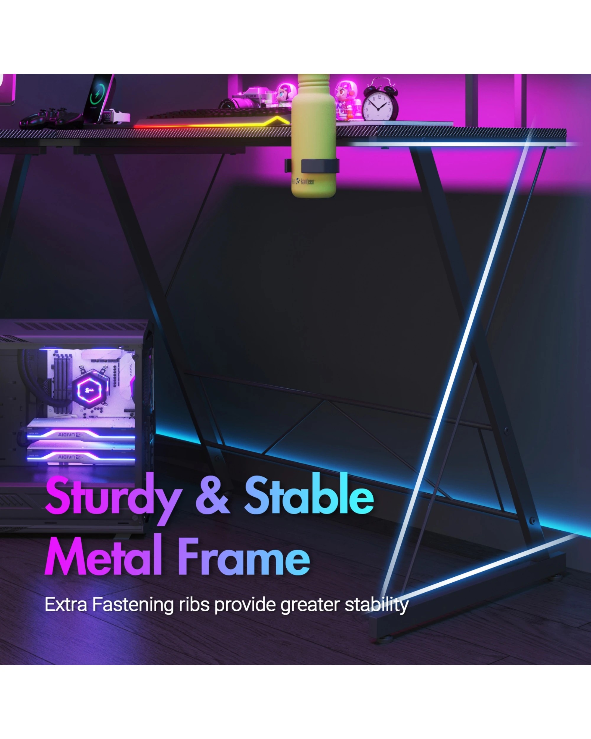 7 Advwin 126cm L Shaped Gaming Desk With Led Lights & Power Outlets Computer Desk Black, 7 of 10