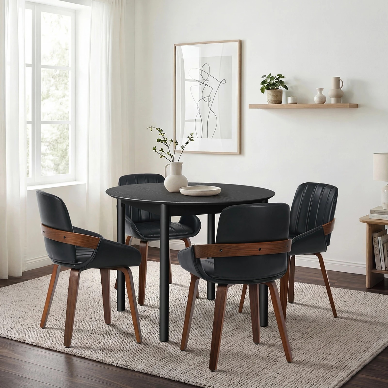 4 Oikiture 5PCS Dining Table Set 100cm Round Table 4 Faux Leather Dining Chairs - Black, 4 of 9
