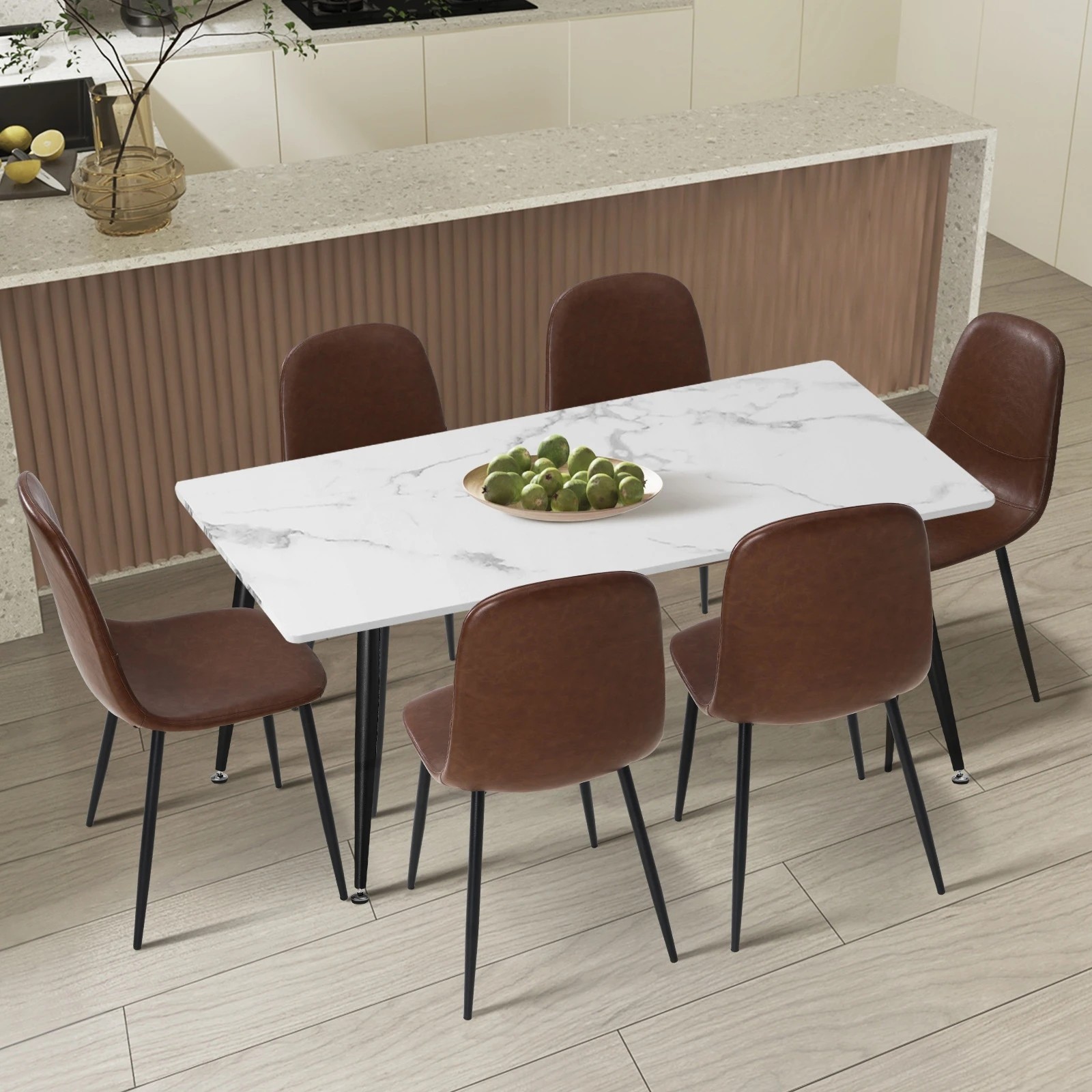 3 Oikiture 120cm Rectangle Dining Table with 6PCS Dining Chairs PU - Brown, 3 of 9