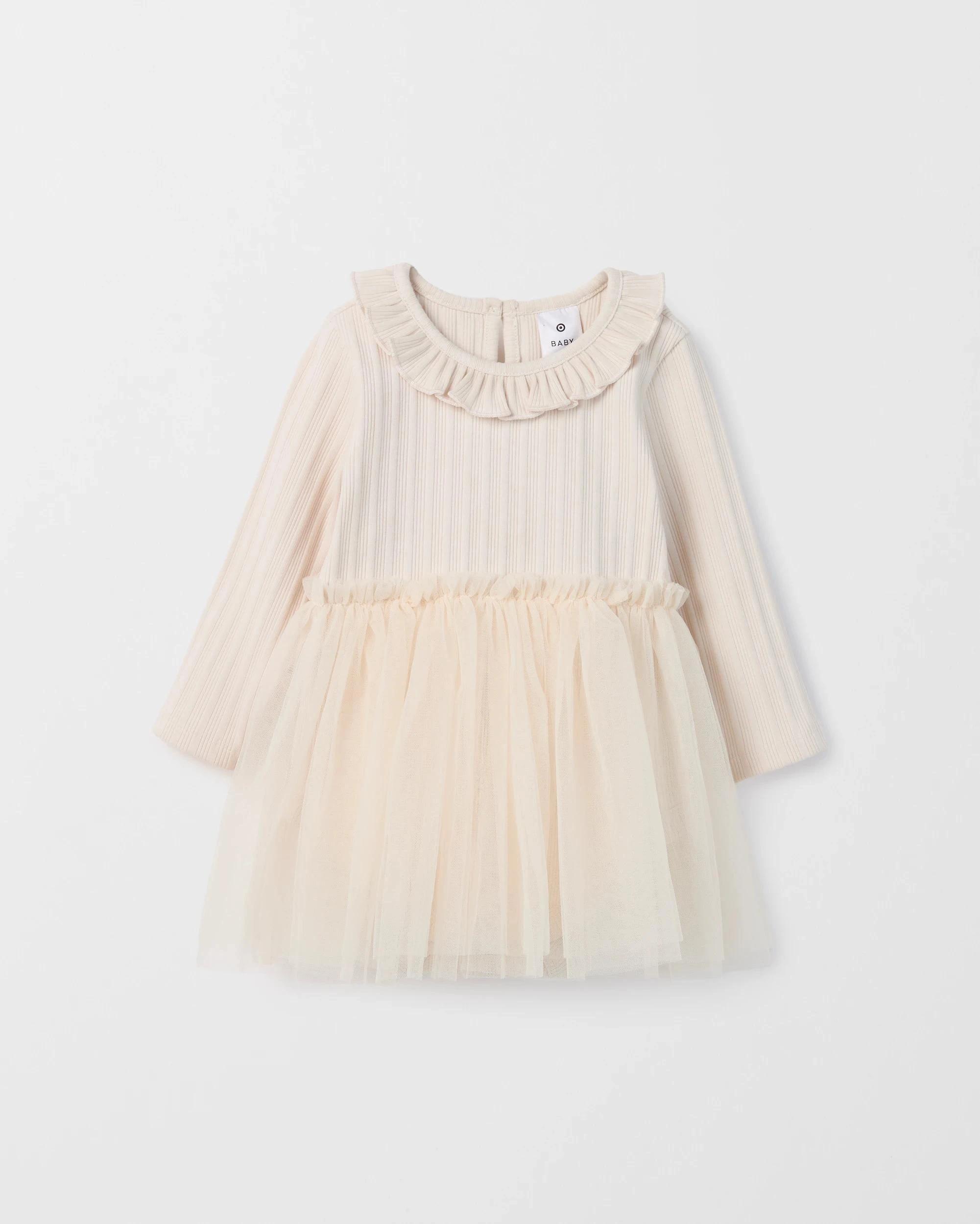 3 Target Baby Baby Girl Long Sleeve Rib Tutu Dress Bodysuit CREAM, 3 of 4