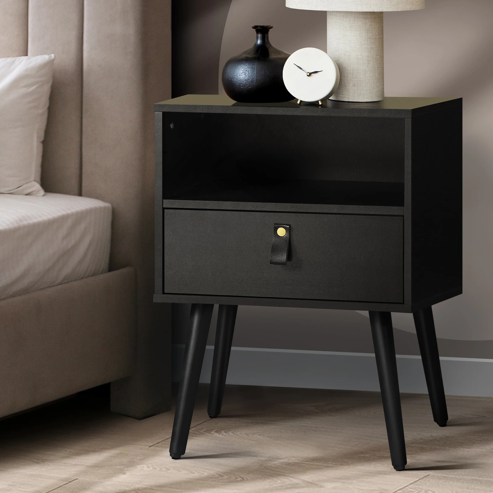 2 Oikiture Bedside Tables Side Table Storage Cabinet Leather Handle
 - Black, 2 of 10