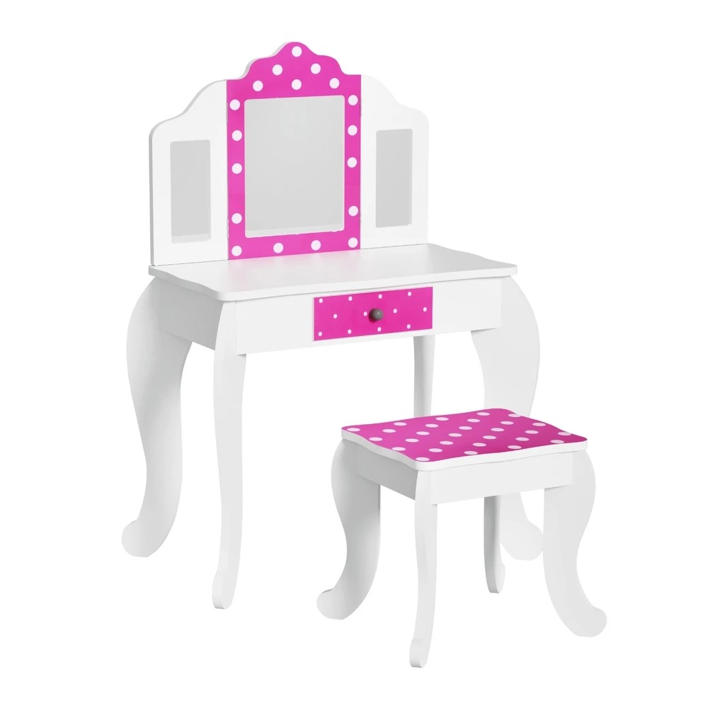 1 Keezi Kids Dressing Table Vanity Makeup Chair Set Wooden 3 Mirror Drawer - Multi, 1 of 4
