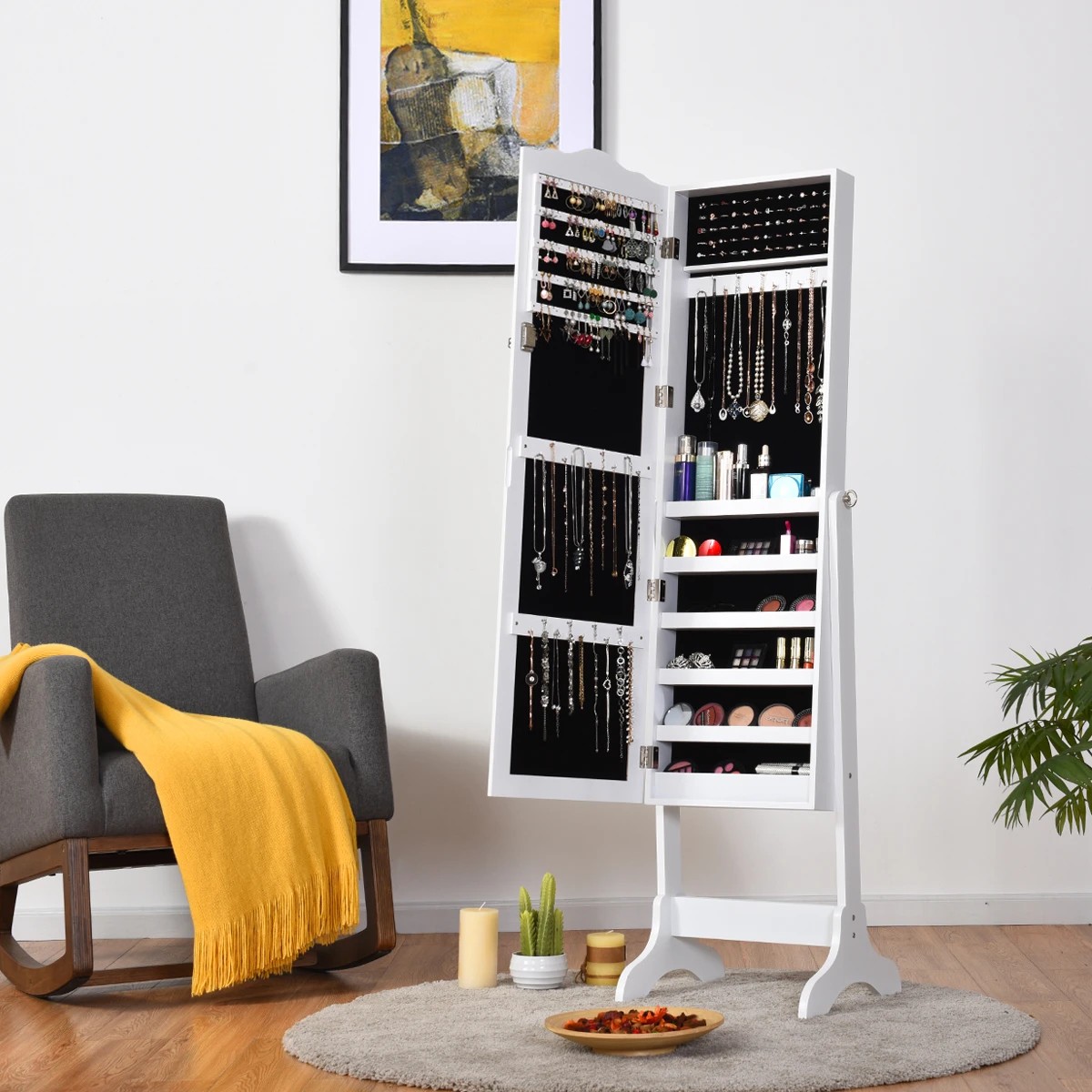 2 Costway Mirror Jewellery Cabinet Wooden Jewelry Organiser Box Makeup Cosmetics Storage - White, 2 of 5