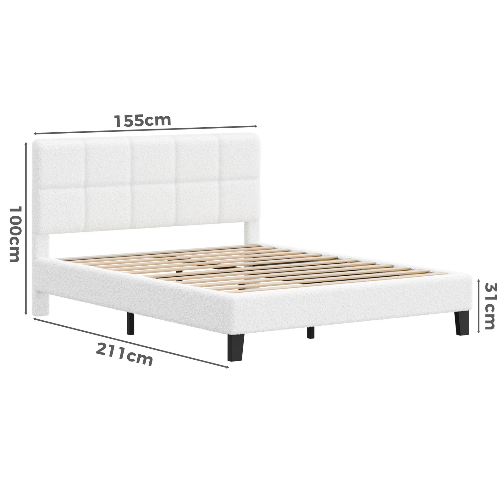 9 Alfordson Bed Frame Queen Size Wooden Slats Platform Boucle Paula - White, 9 of 9