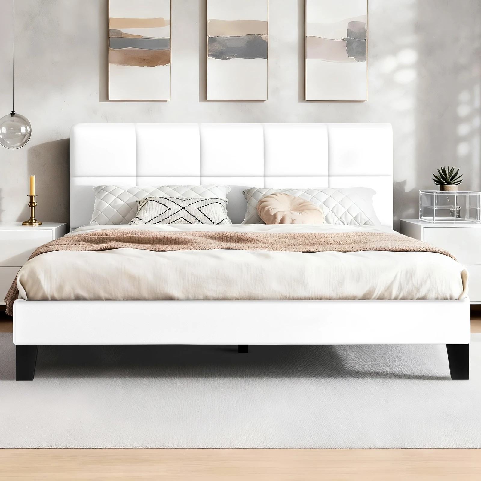 2 Alfordson Bed Frame Double Size Wooden Slats Platform Leather Paula - White, 2 of 9