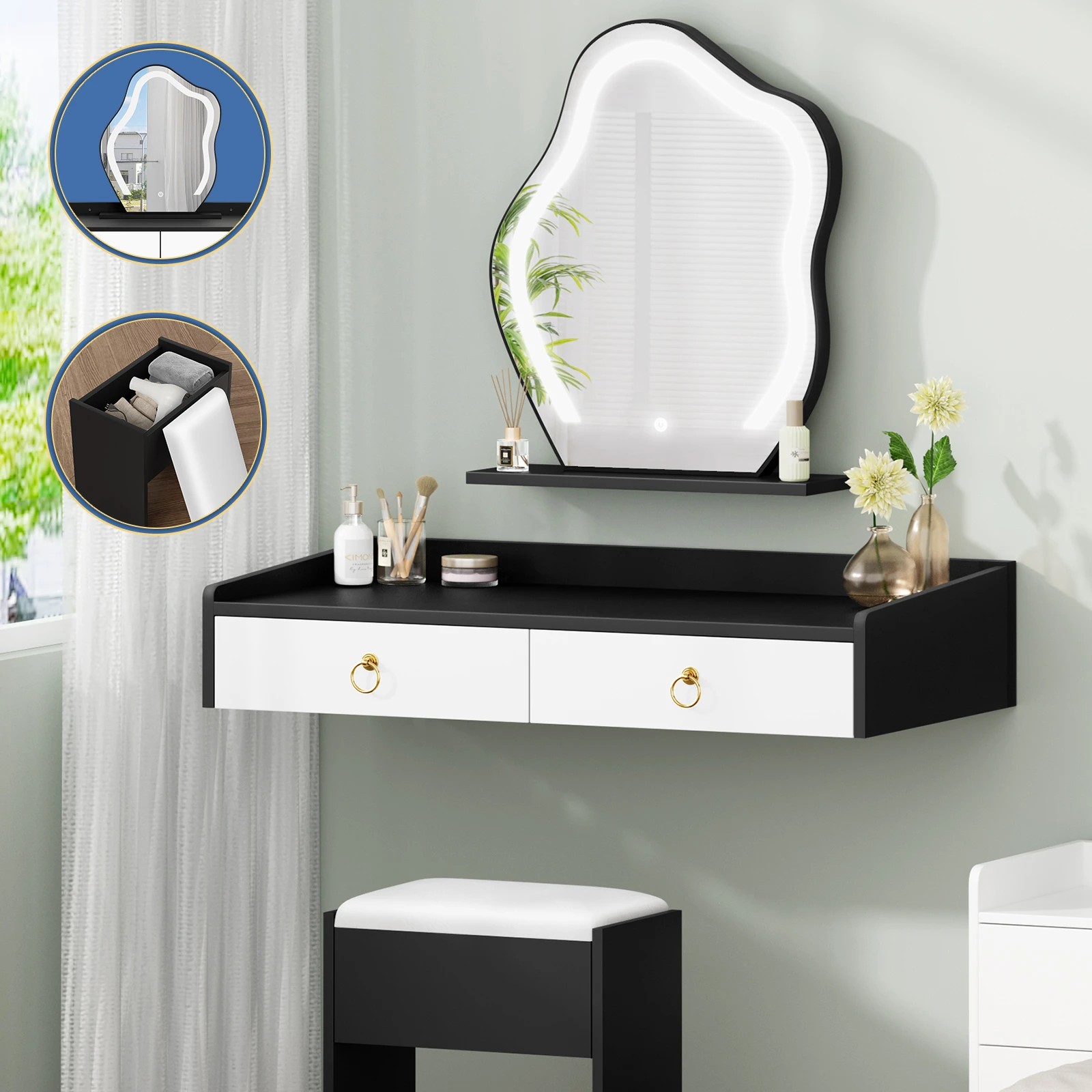 1 Alfordson Dressing Table Stool Floating Makeup Mirror Vanity Desk LED - Black White, 1 of 10