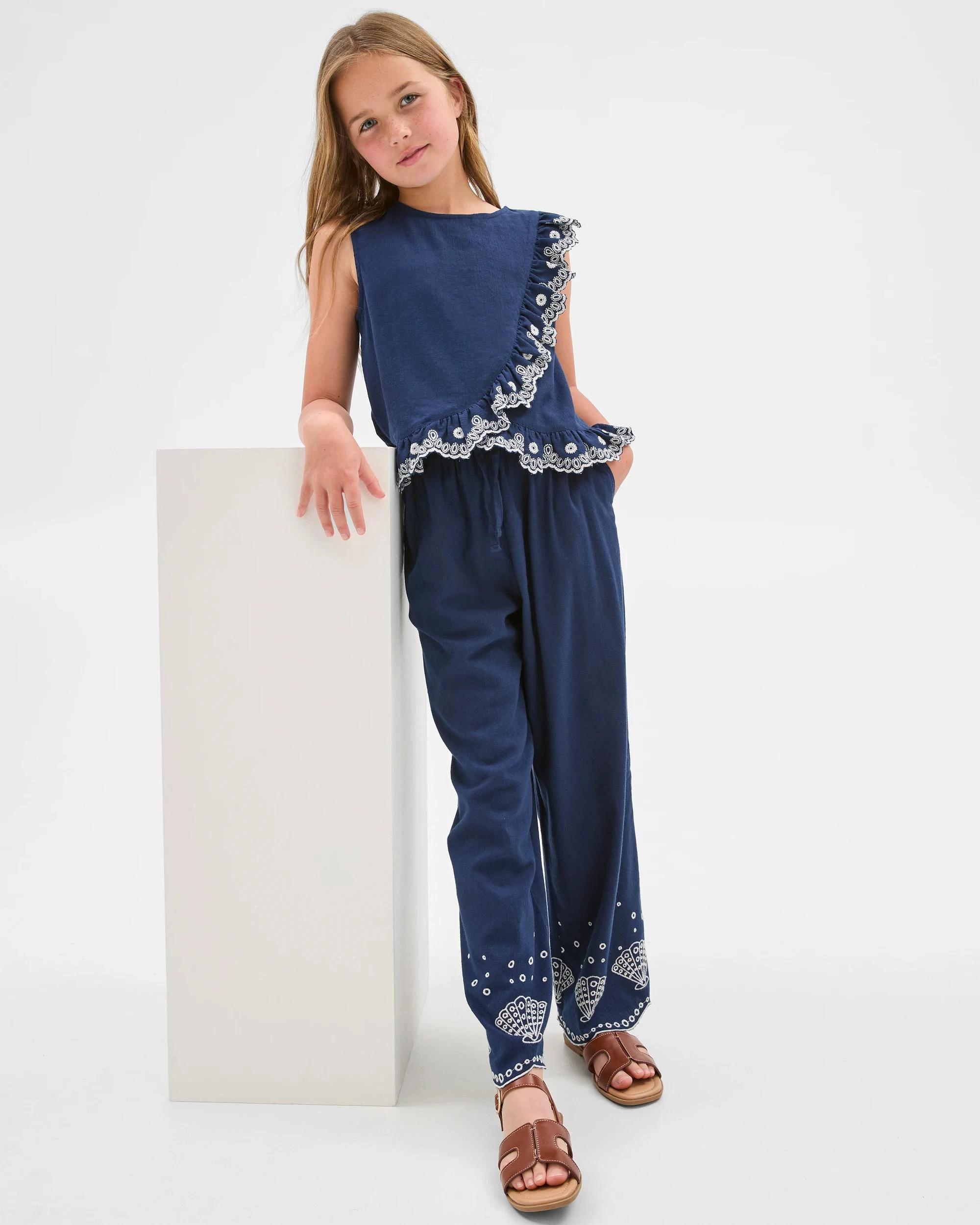 2 Target Embroidered Hem Cropped Wide Leg Chambray Pants NAVY, 2 of 7