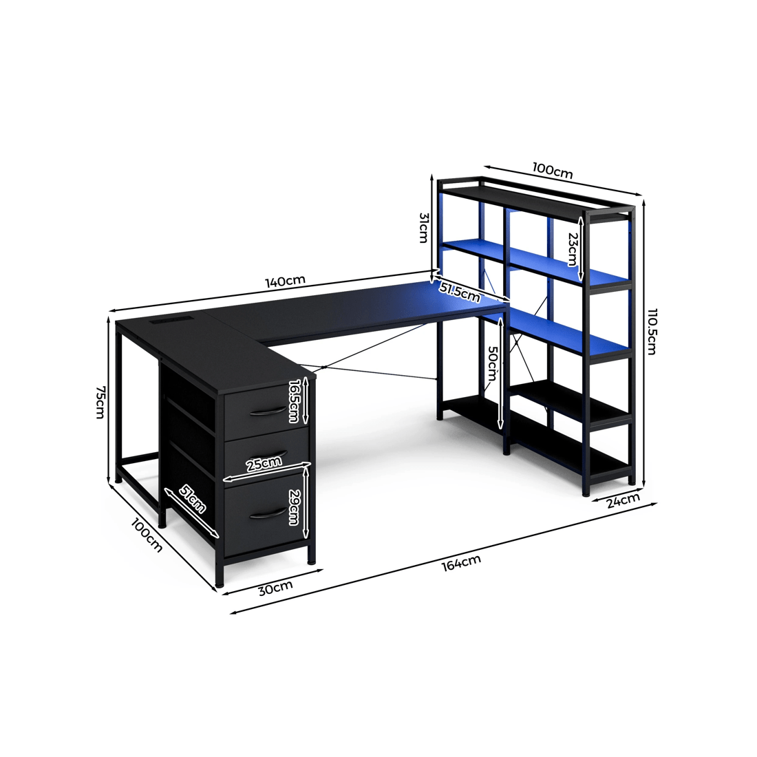 2 Advwin U Shaped Gaming Desk With Led Lights & Power Outlets Reversible 164cm Computer Desk With Bookshelf Black, 2 of 10