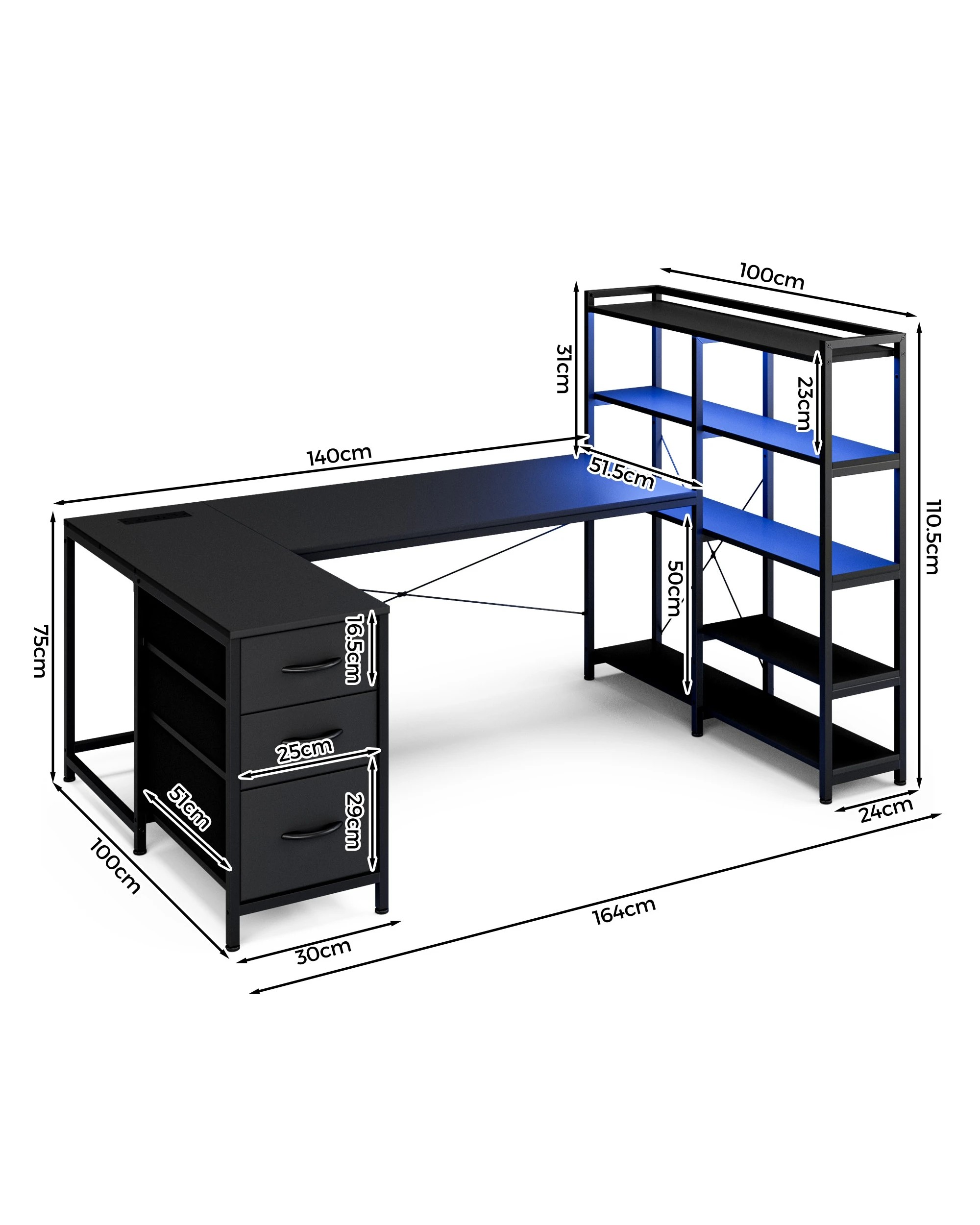 2 Advwin U Shaped Gaming Desk With Led Lights & Power Outlets Reversible 164cm Computer Desk With Bookshelf Black, 2 of 10