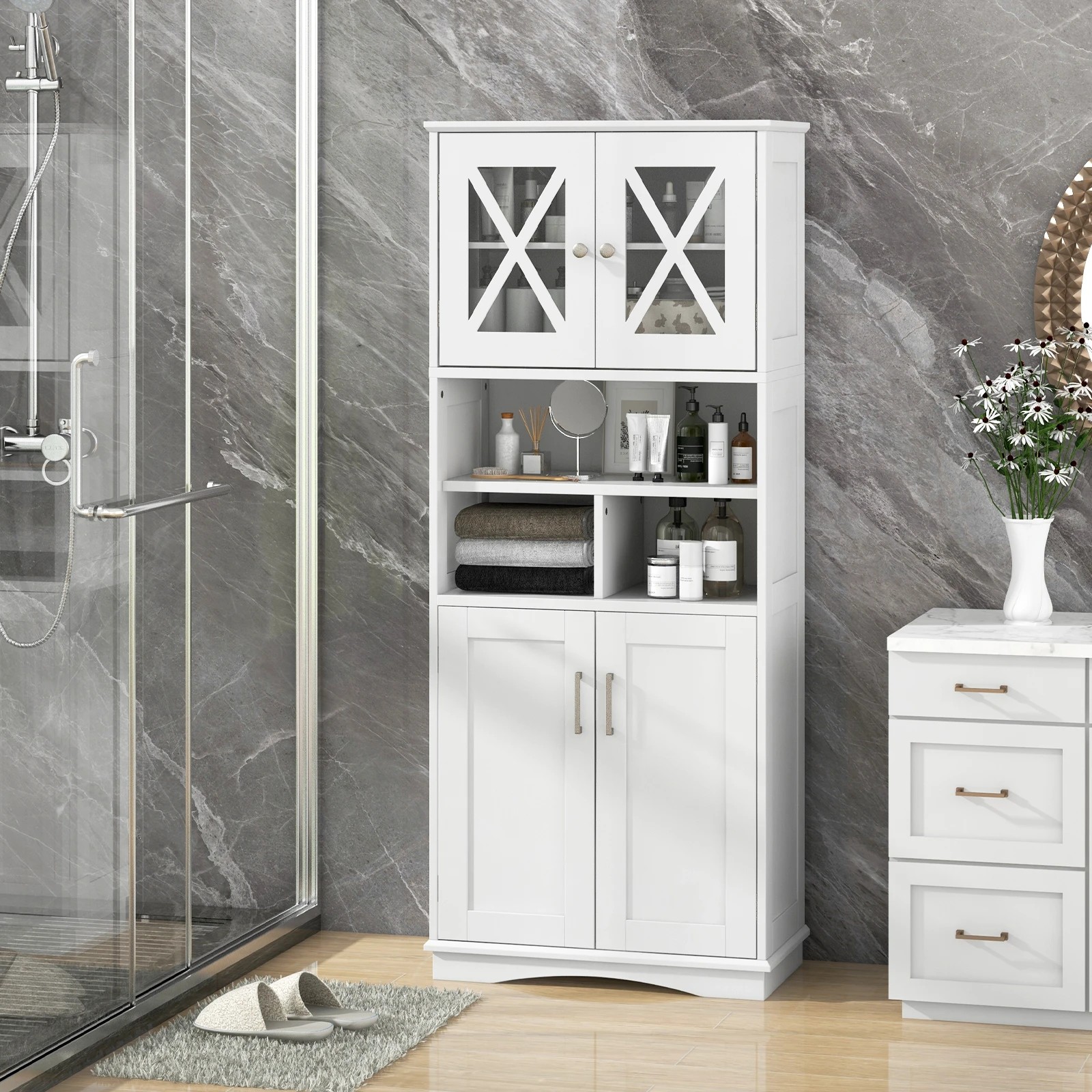 3 Costway Bathroom Storage Cabinet Kitchen Pantry Cupboard w/Acrylic Doors - White, 3 of 7