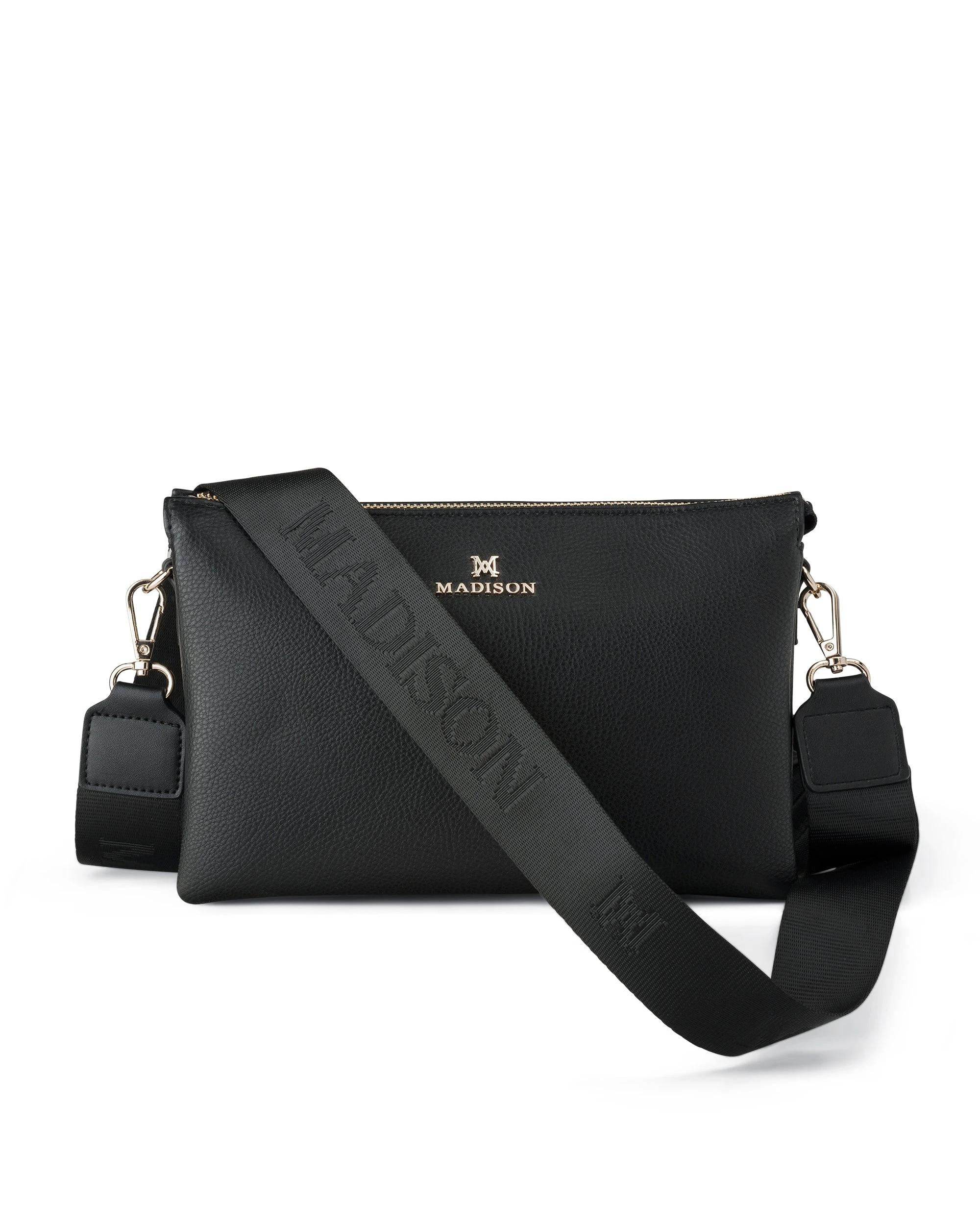 1 Madison Accessories Avery 3 Compartment Crossbody Bag with 2 Straps BLACK LT GOLD, 1 of 7