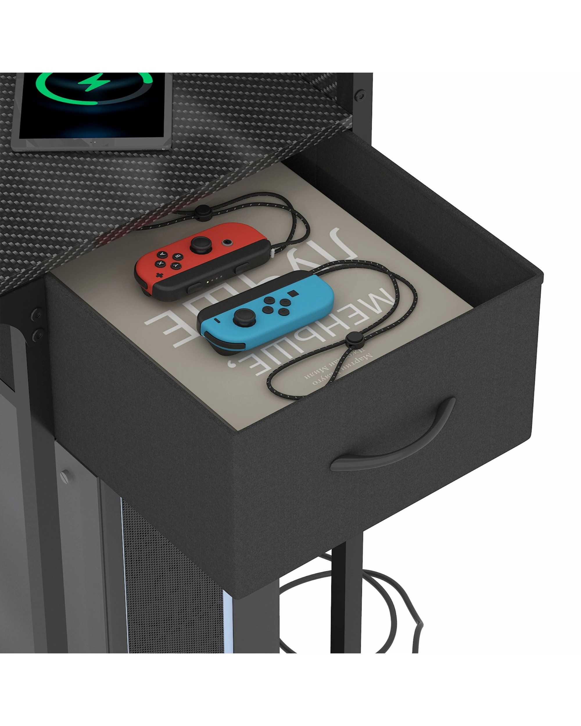 7 Advwin Gaming Desk with LED Lights & Power Outlets Reversible Storage Shelf 120cm Computer Desk with Fabric Drawer, 7 of 10