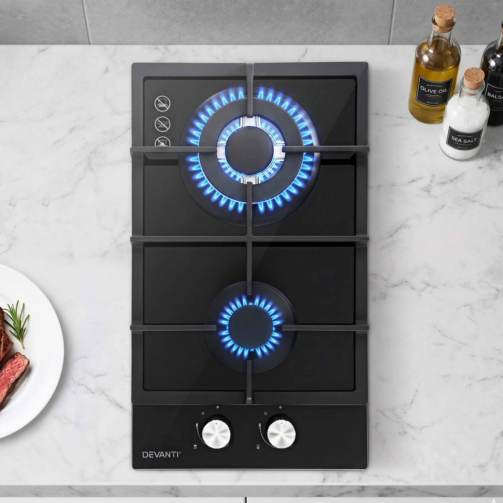 Devanti Gas Cooktop 30cm 2 Burner Built-in Stove Glass Cook Top NG LPG ...
