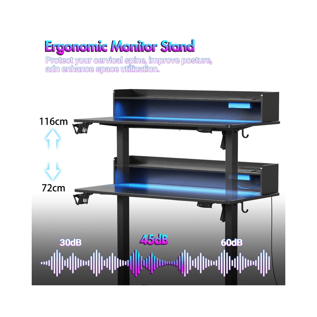 5 Advwin Led Rgb Light Electric Standing Desk With Power Outlets & Monitor Stand 120cm
 - Black, 5 of 9