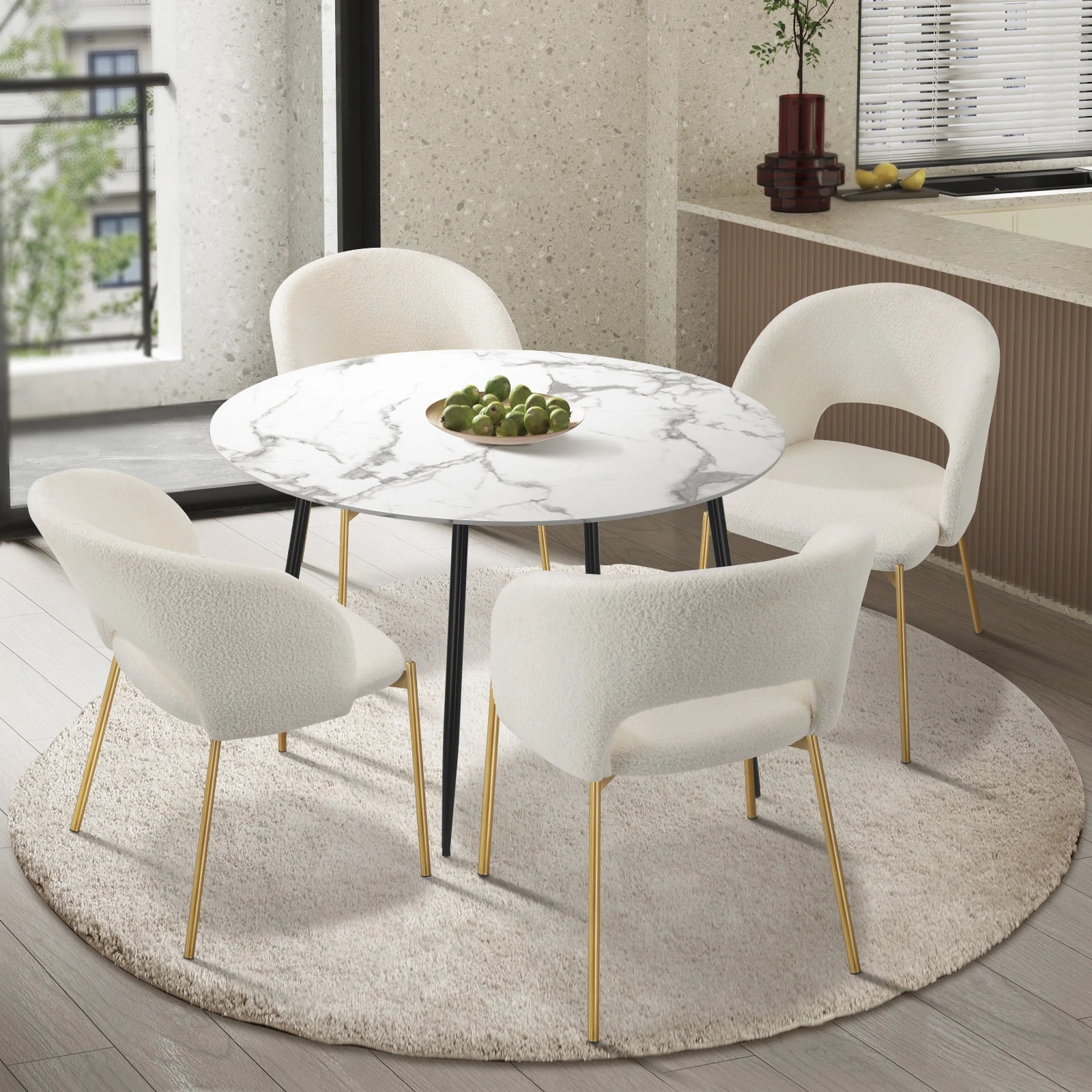 2 Oikiture 110cm Round Dining Table With 4pcs Dining Chairs Sherpa Gold Metal Legs
 - Multi, 2 of 10