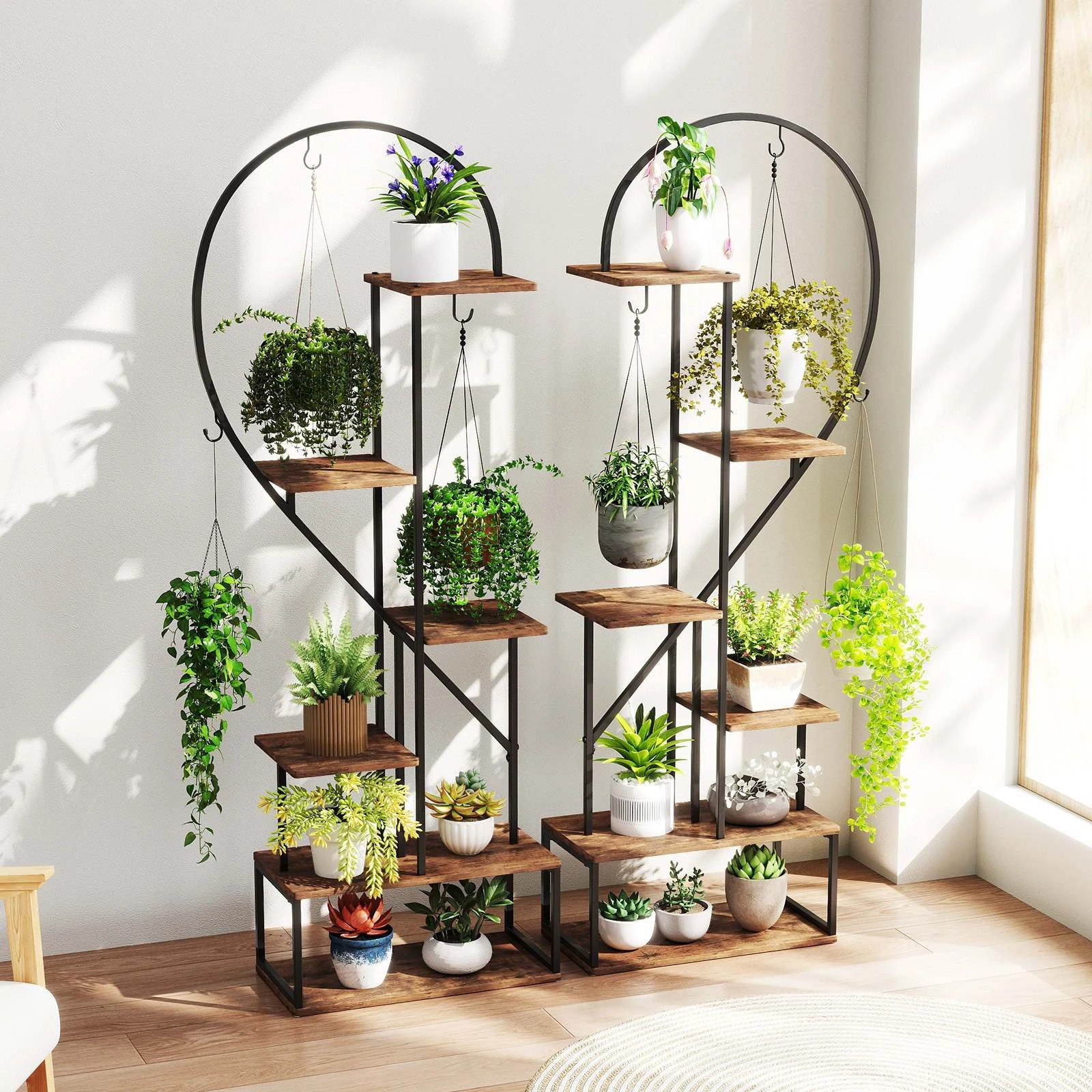1 Costway 2x 6-Tier Metal Plant Stand Heart-Shape Flower Display Shelf w/12 Boards & Hook Planter Holder - Brown, 1 of 2