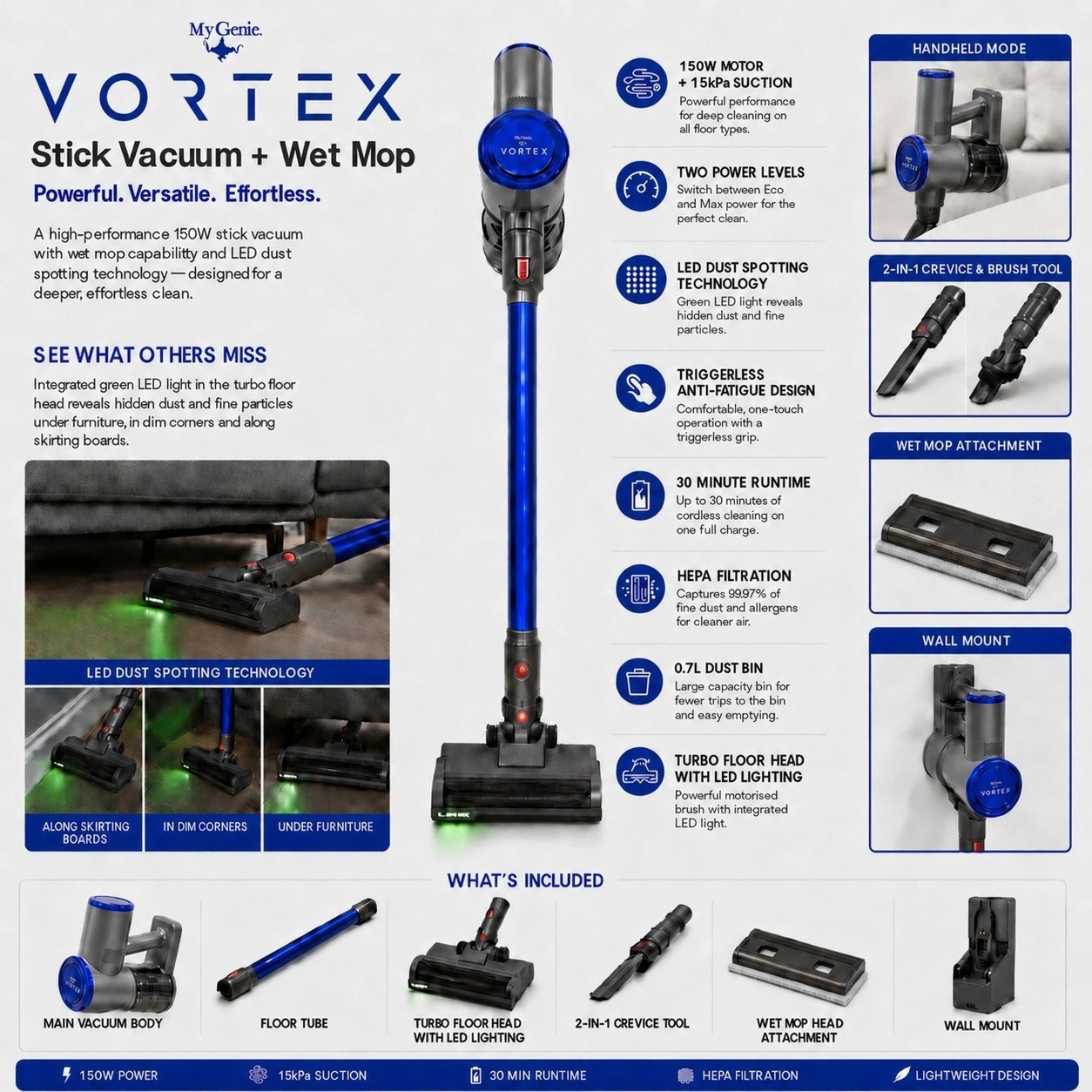 6 MyGenie Vortex Stick Vacuum & Mop, Dust Spotting Tech, HEPA, Cordless - Blue, 6 of 10