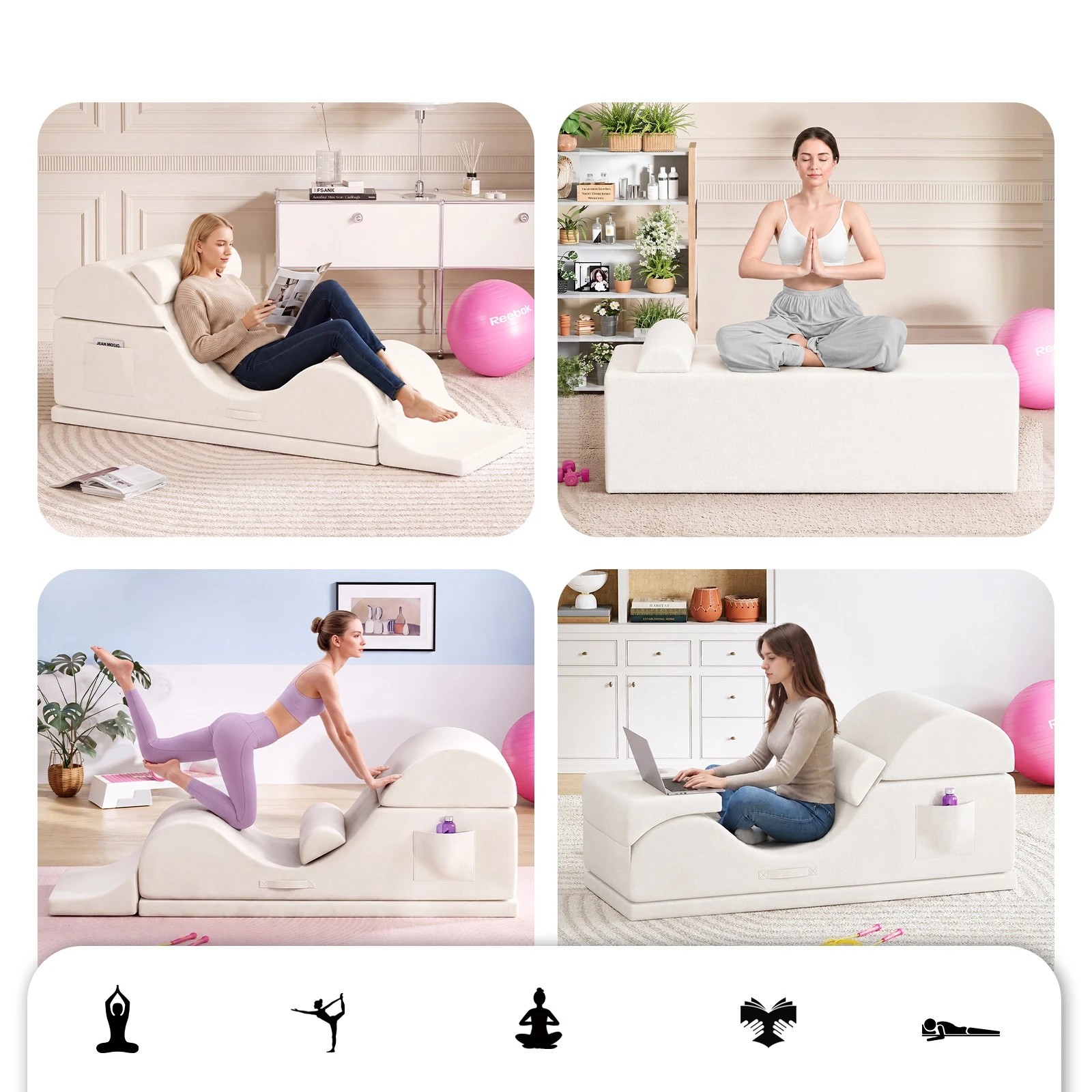 2 Advwin Convertible Yoga Chair Chaise Lounge with Suede Cover Detachable Mat - Beige, 2 of 7